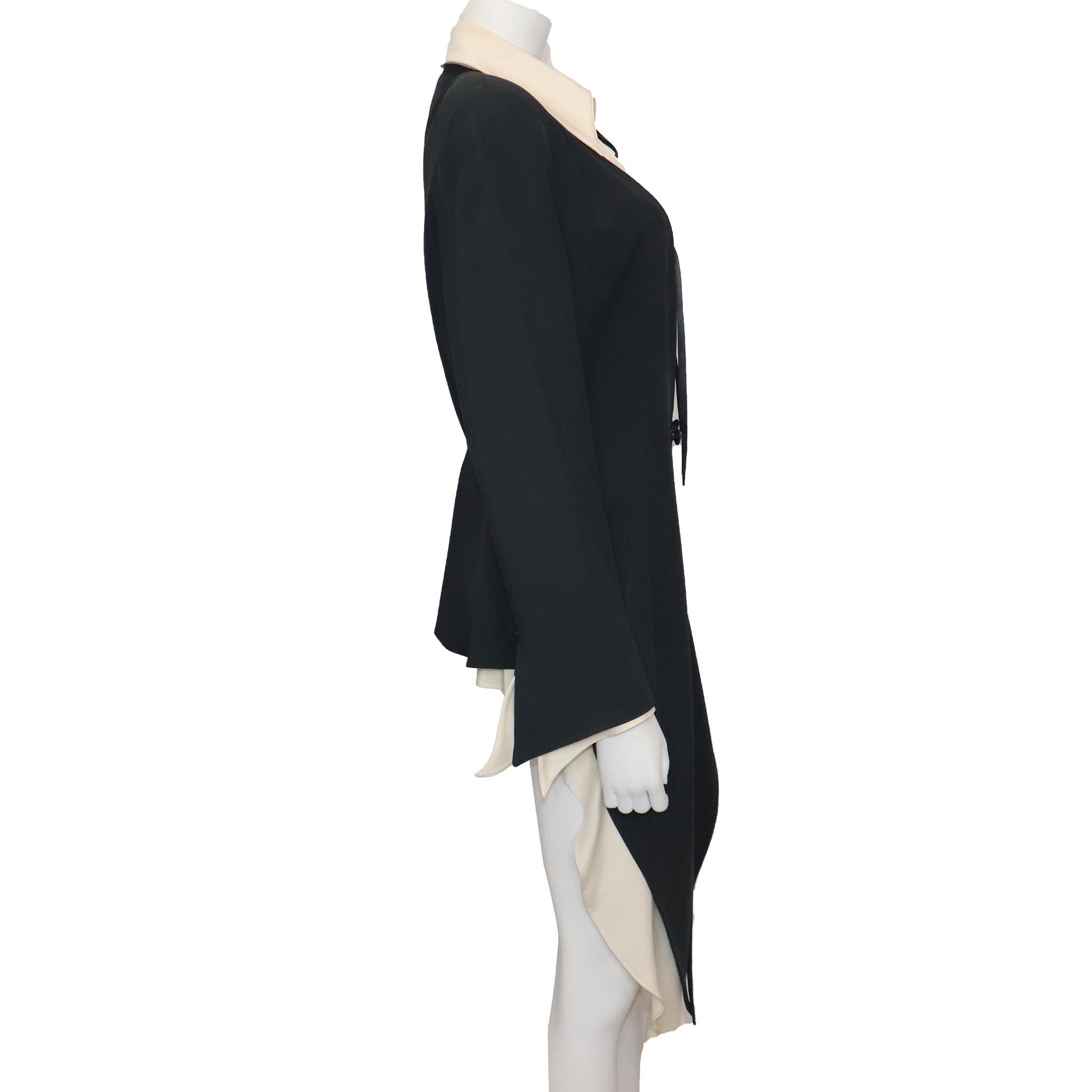 Claude Montana Drape 2PC Black Jacket w/ Cream Blouse Circa 1990s. In excellent condition 

Measurements- 

Size 12

Jacket Length: 46 Inches
Arm Length: 26 Inches