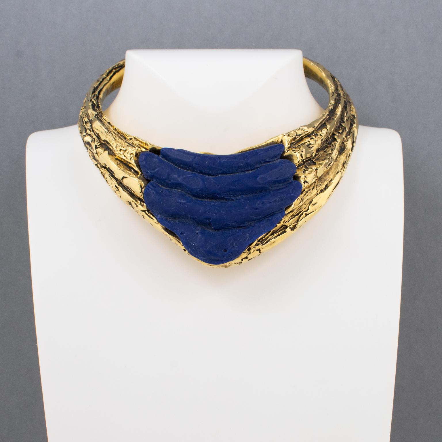 Modernist Claude Montana for Claire Deve Massive Futuristic Gilt and Blue Resin Necklace For Sale