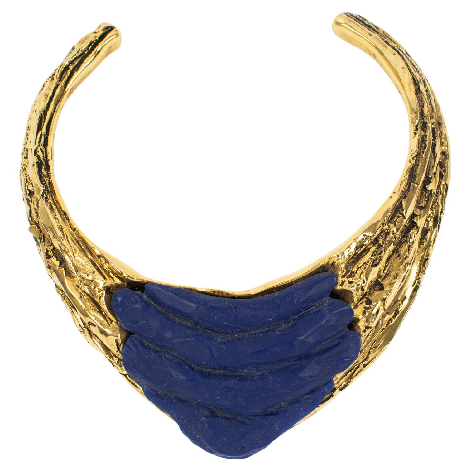 Claude Montana for Claire Deve Massive Futuristic Gilt and Blue Resin Necklace For Sale