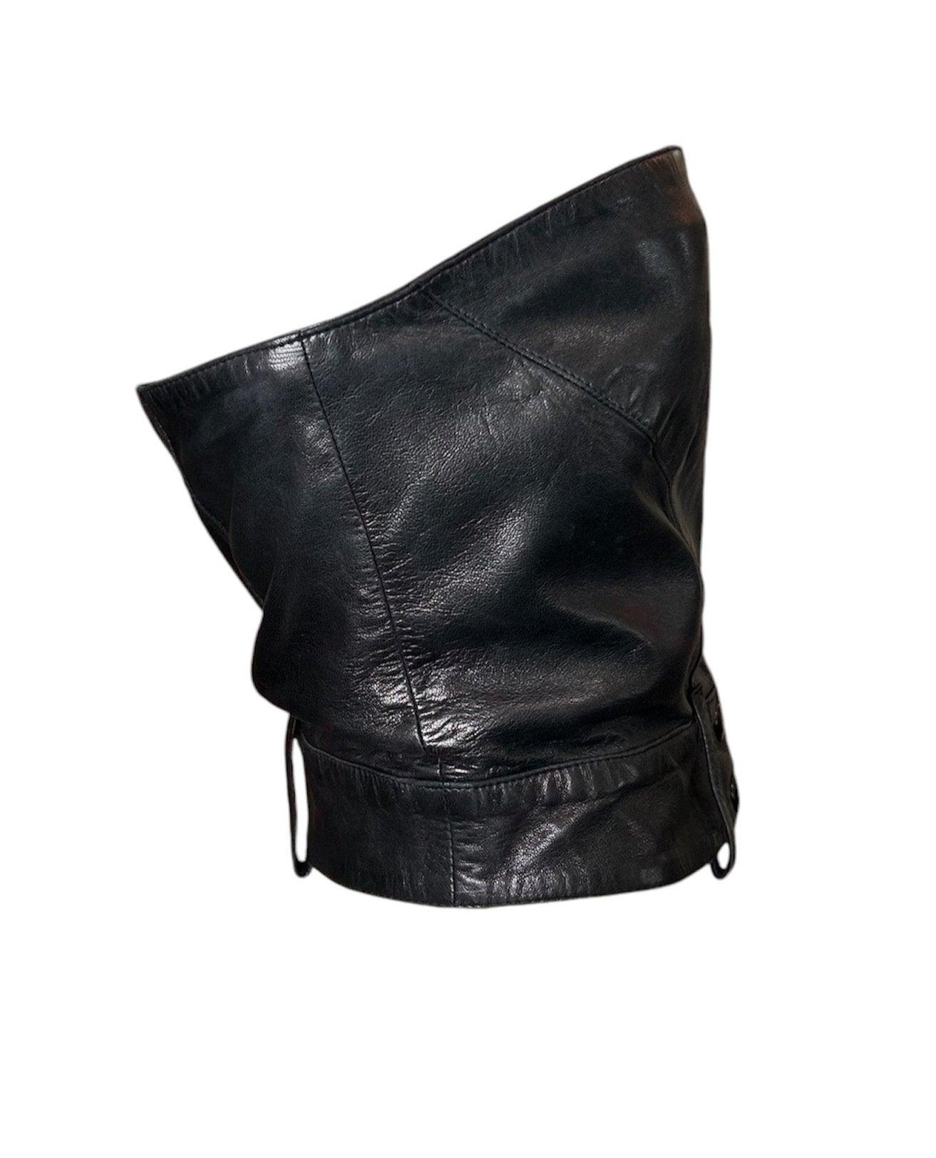 Black Claude Montana for Idéal-Cuir Late Leather Zip Up Moto Bustier, 1970s For Sale