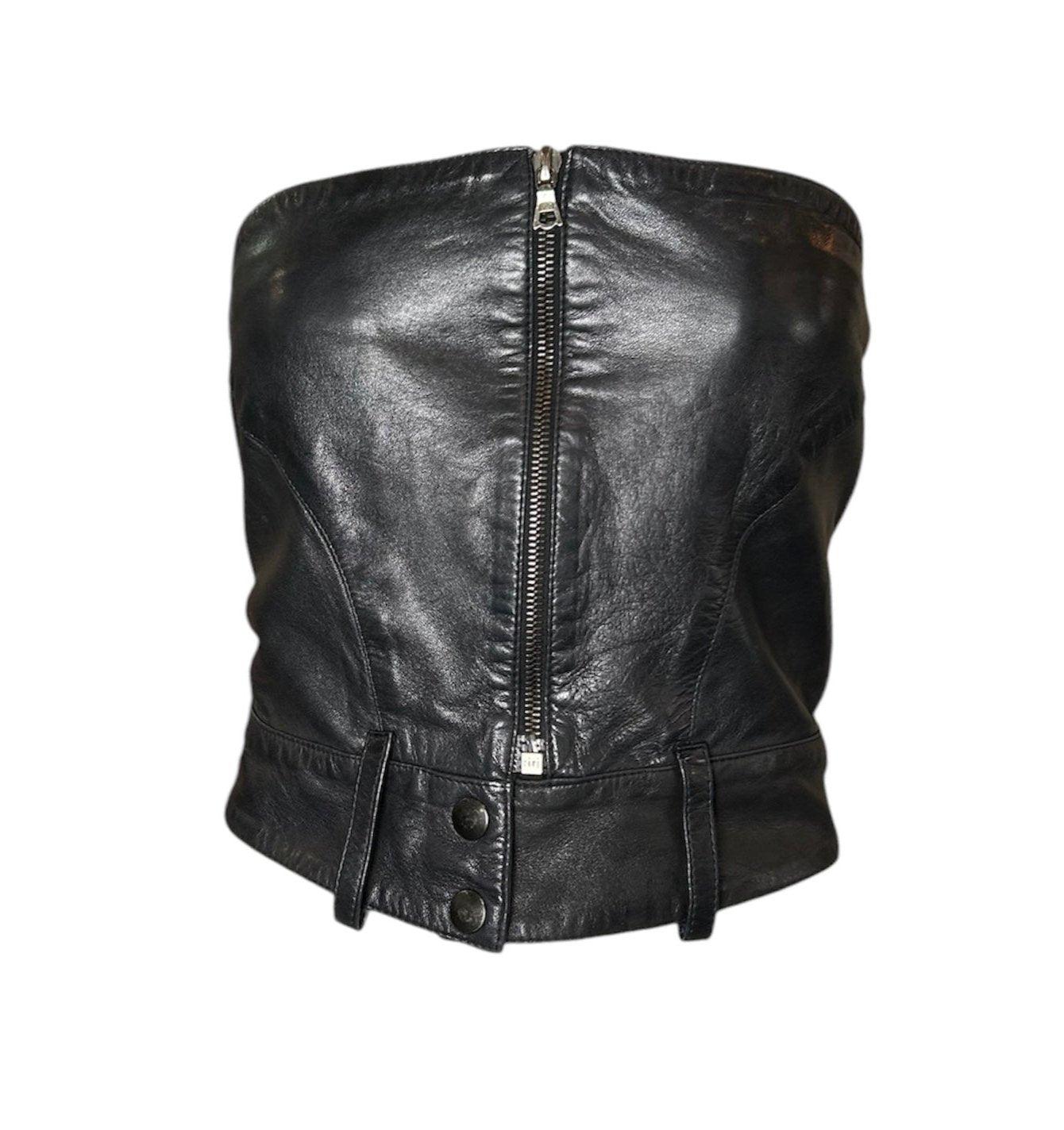 Claude Montana for Idéal-Cuir Late Leather Zip Up Moto Bustier, 1970s For Sale