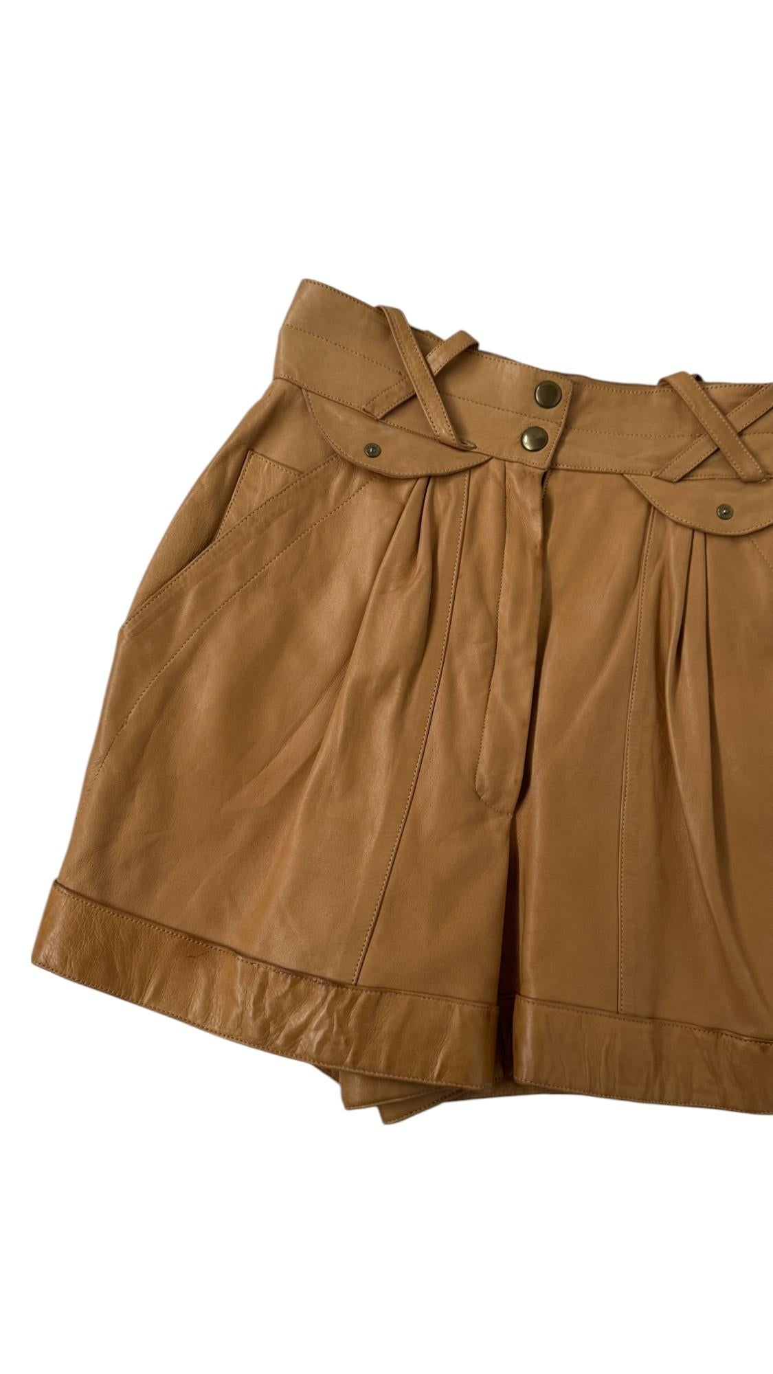 Brown Claude Montana for Idéal Cuir Paris - Vintage High-Waisted Leather Shorts For Sale