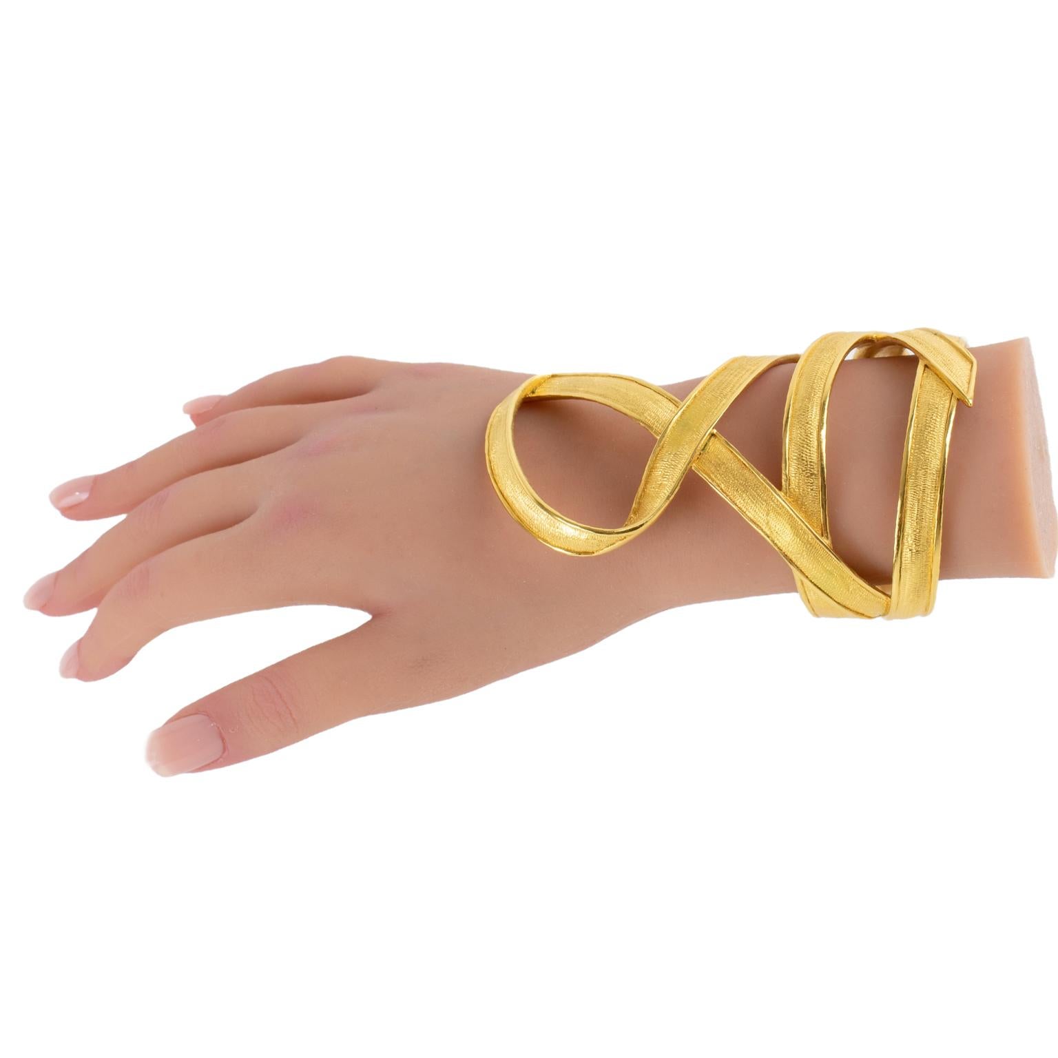 Claude Montana for Marie Paris Massive Gilded Metal Cuff Bracelet For Sale 8