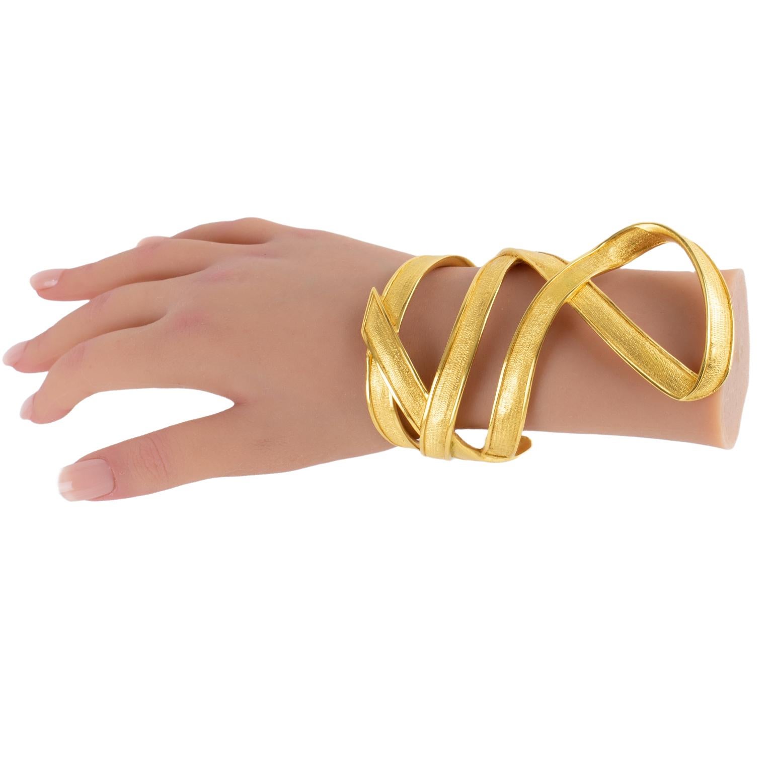 Claude Montana for Marie Paris Massive Gilded Metal Cuff Bracelet For Sale 9