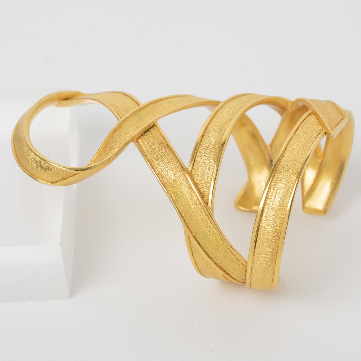 Modernist Claude Montana for Marie Paris Massive Gilded Metal Cuff Bracelet For Sale