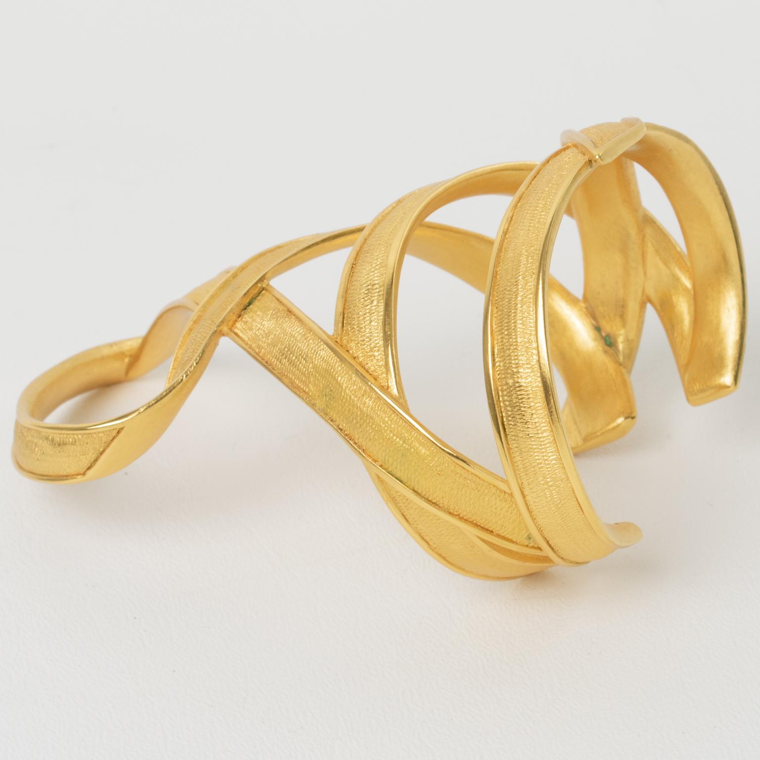 Claude Montana for Marie Paris Massive Gilded Metal Cuff Bracelet For Sale 2