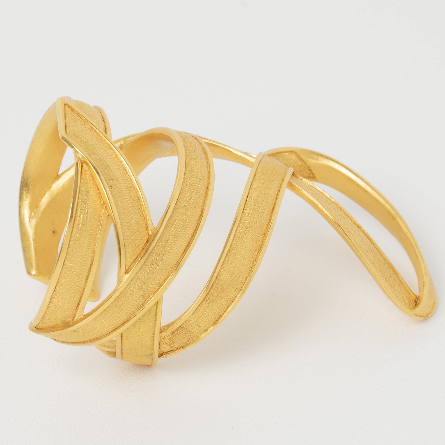 Claude Montana for Marie Paris Massive Gilded Metal Cuff Bracelet For Sale 3