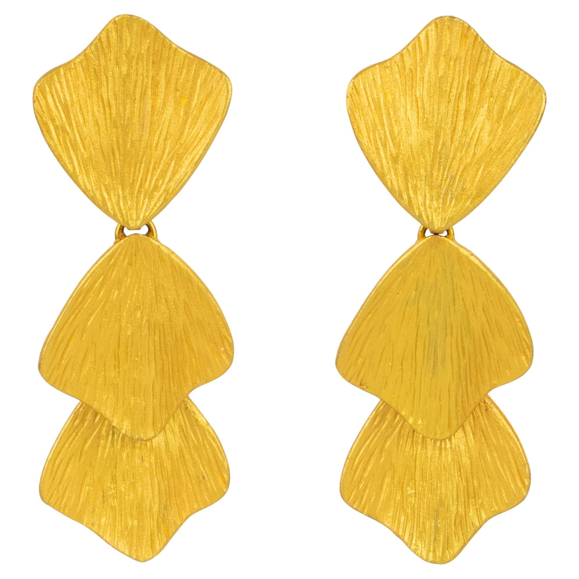 Claude Montana for Marie Paris Textured Gilded Metal Dangle Clip Earrings