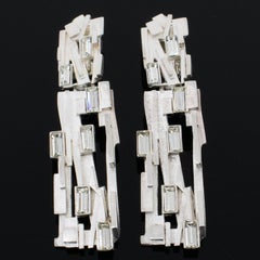 Claude Montana Futuristic Silvered Clip Earrings with Rhinestones