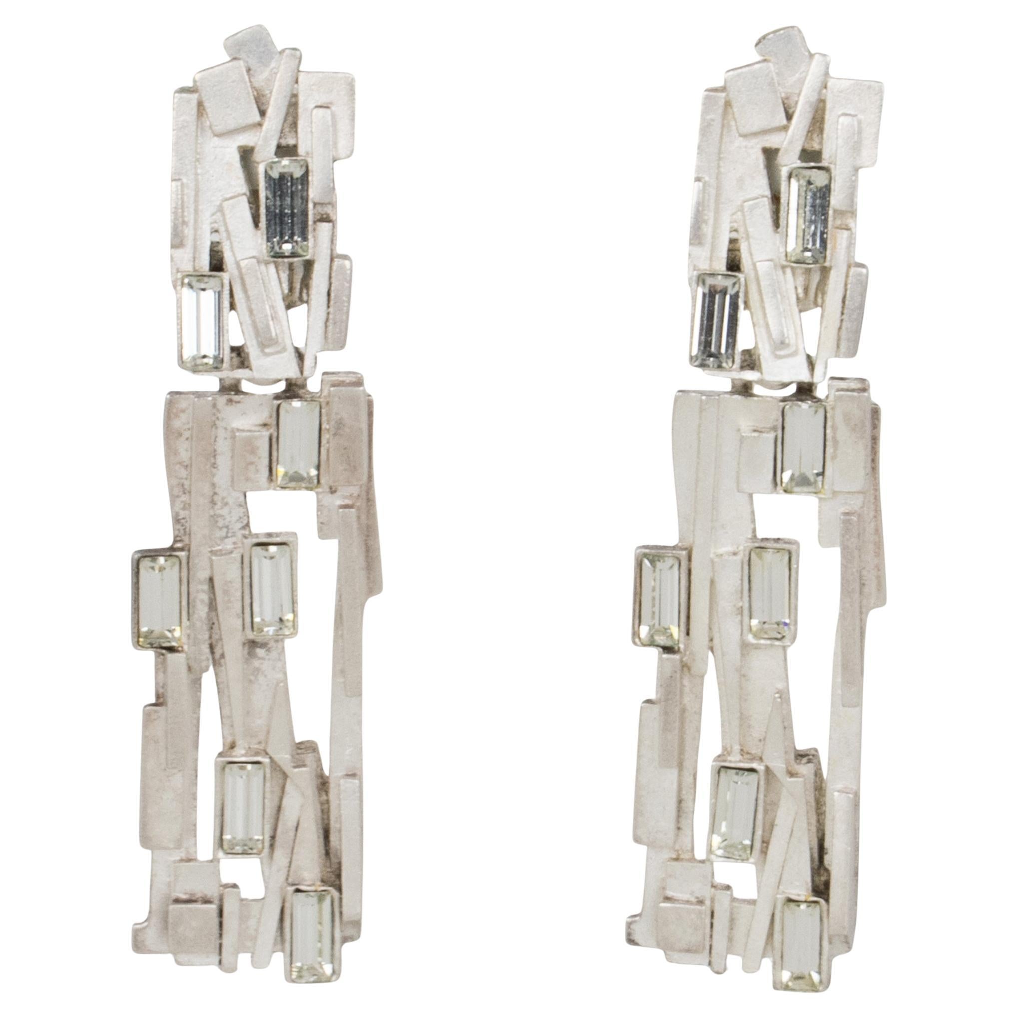 Claude Montana Futuristic Silvered Clip Earrings with Rhinestones