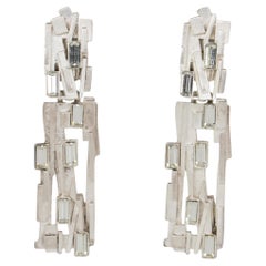 Claude Montana Futuristic Silvered Clip Earrings with Rhinestones
