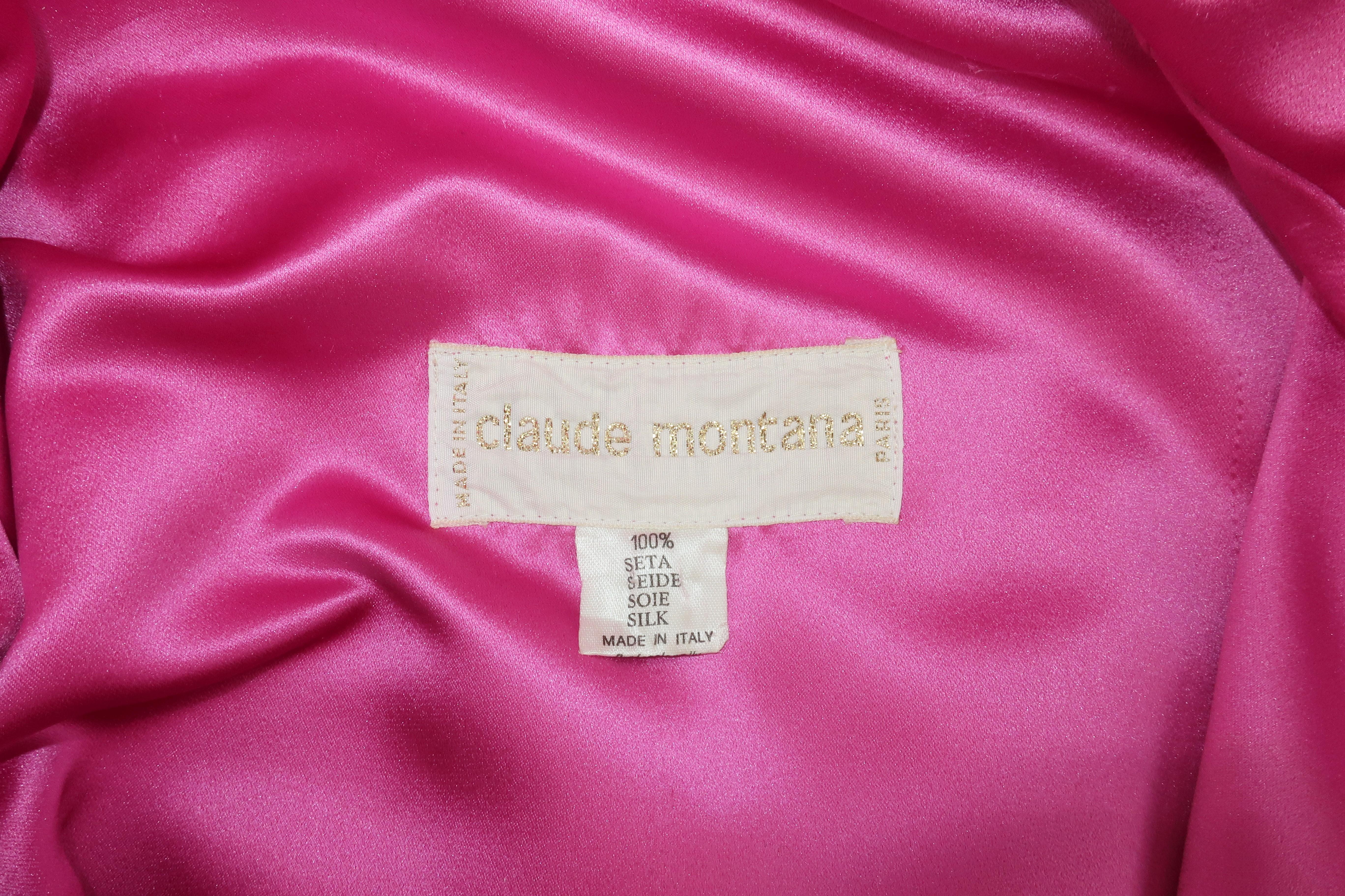 Claude Montana Hot Pink Silk Satin Coat With Ruched Sleeves, 1980's 6