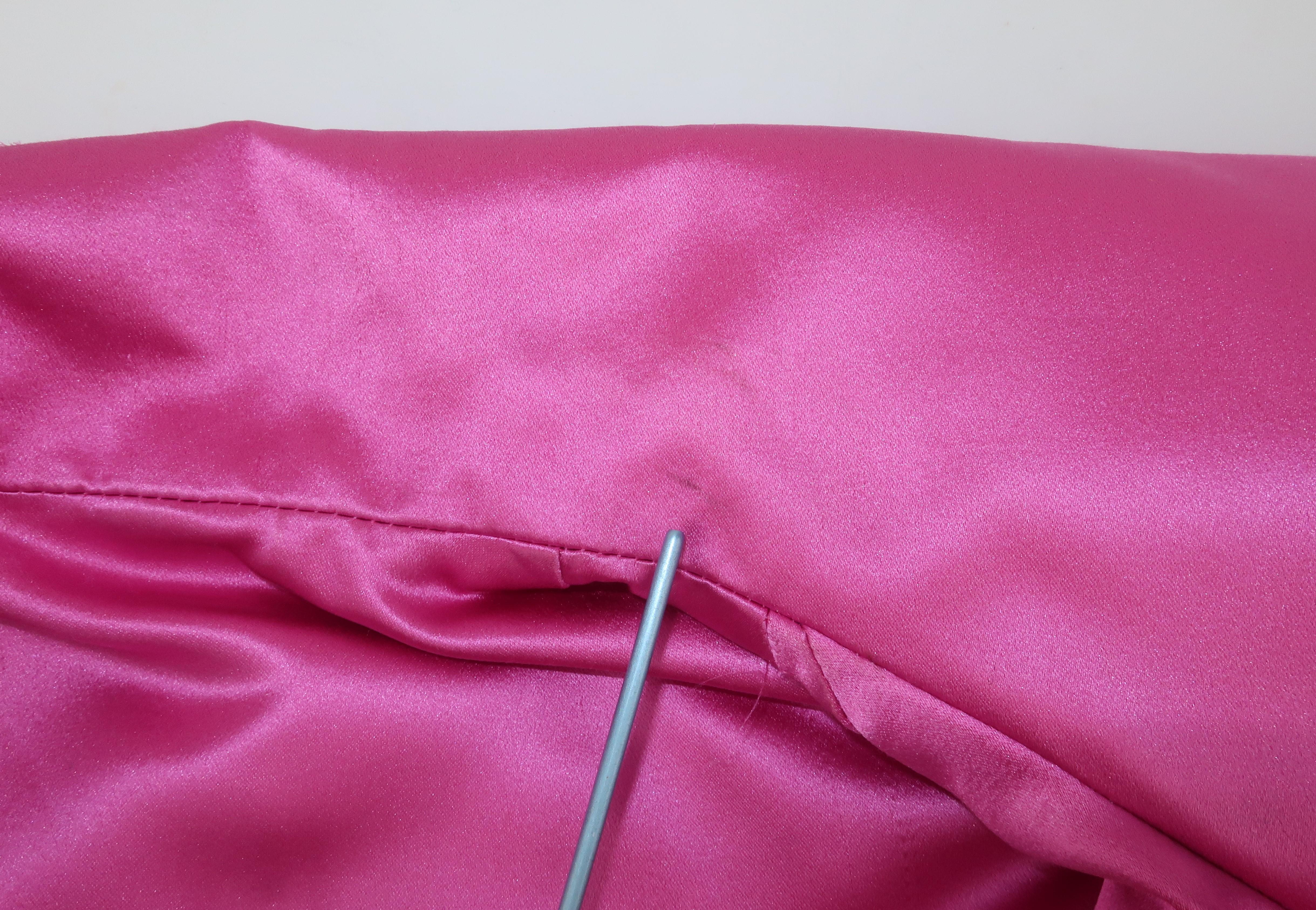 Claude Montana Hot Pink Silk Satin Coat With Ruched Sleeves, 1980's 7