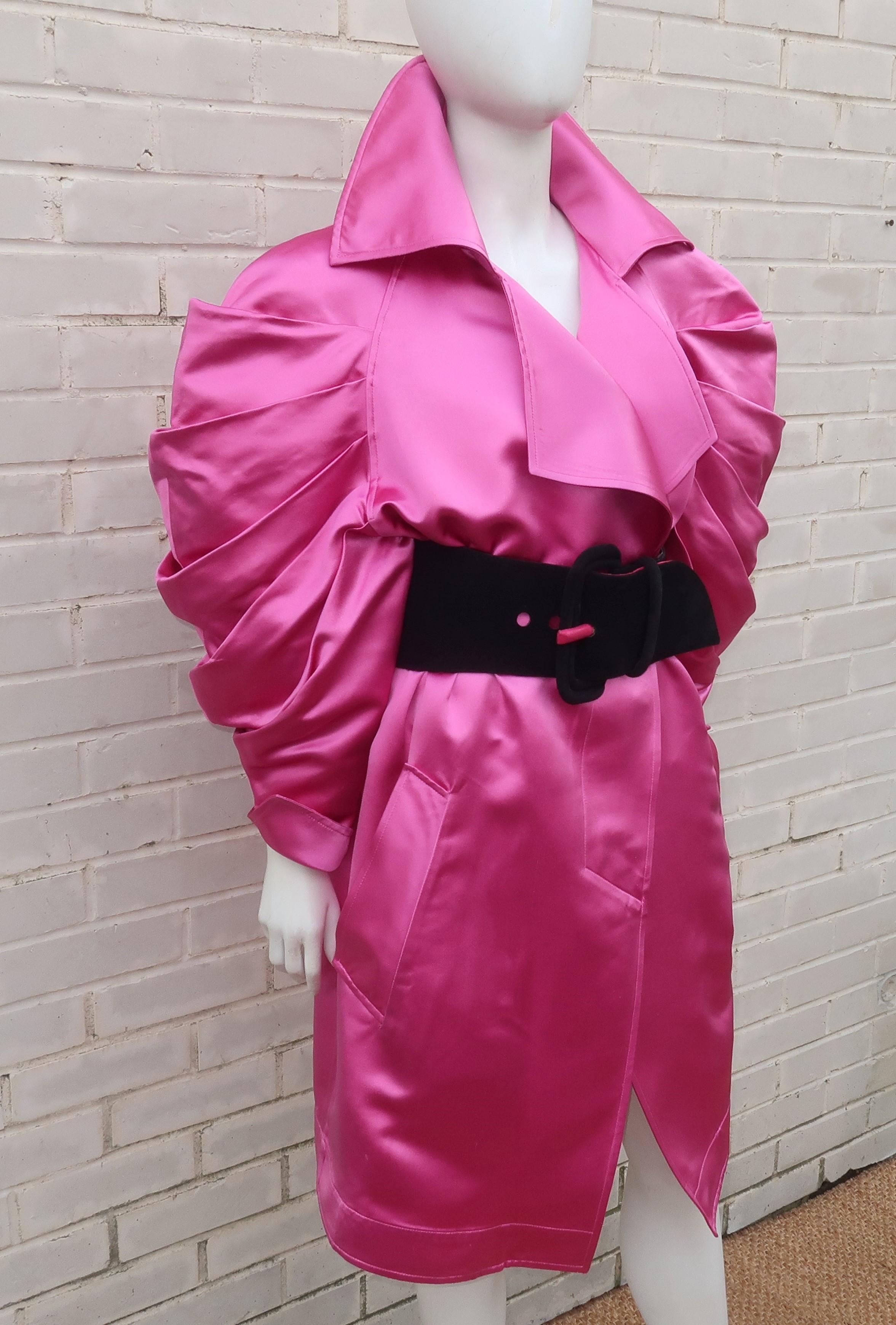 Women's Claude Montana Hot Pink Silk Satin Coat With Ruched Sleeves, 1980's