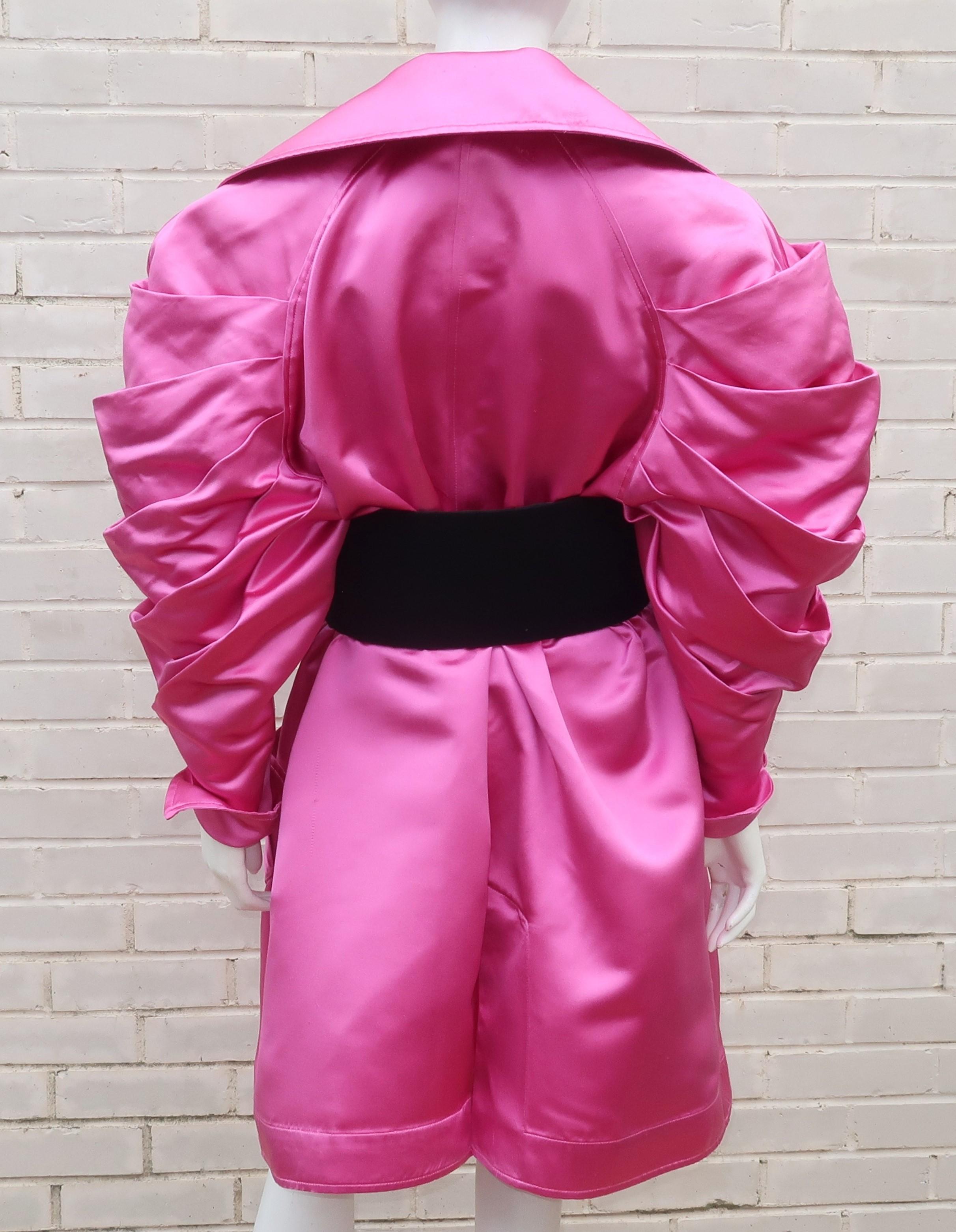 Claude Montana Hot Pink Silk Satin Coat With Ruched Sleeves, 1980's 1