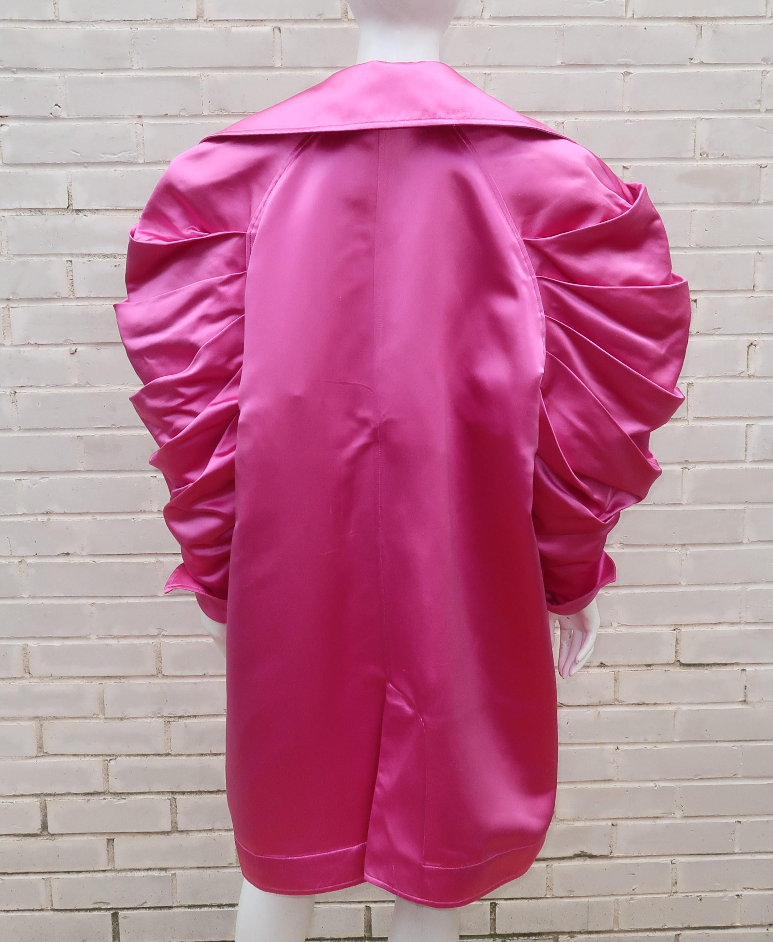 Claude Montana Hot Pink Silk Satin Coat With Ruched Sleeves, 1980's 2