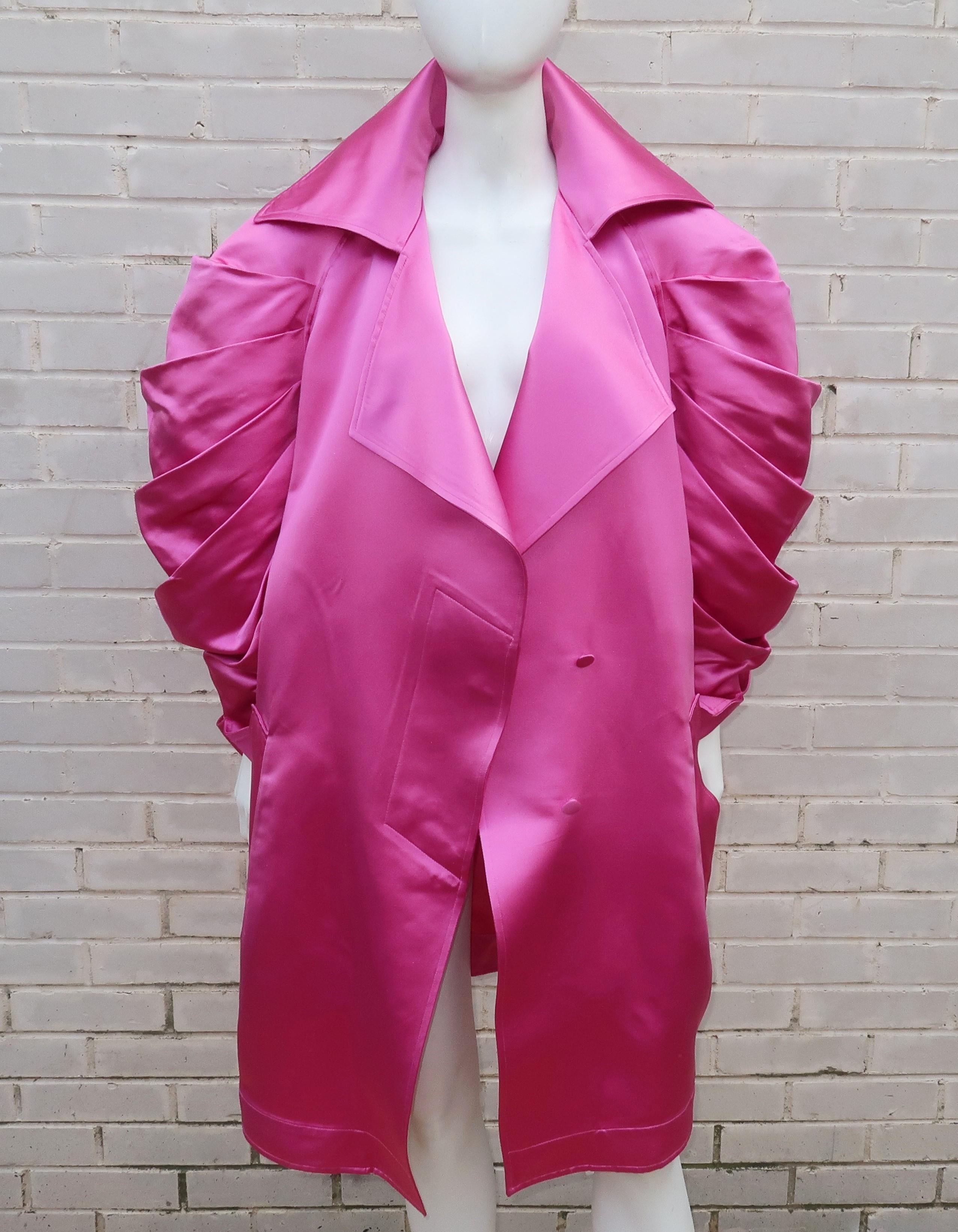 Claude Montana Hot Pink Silk Satin Coat With Ruched Sleeves, 1980's 3