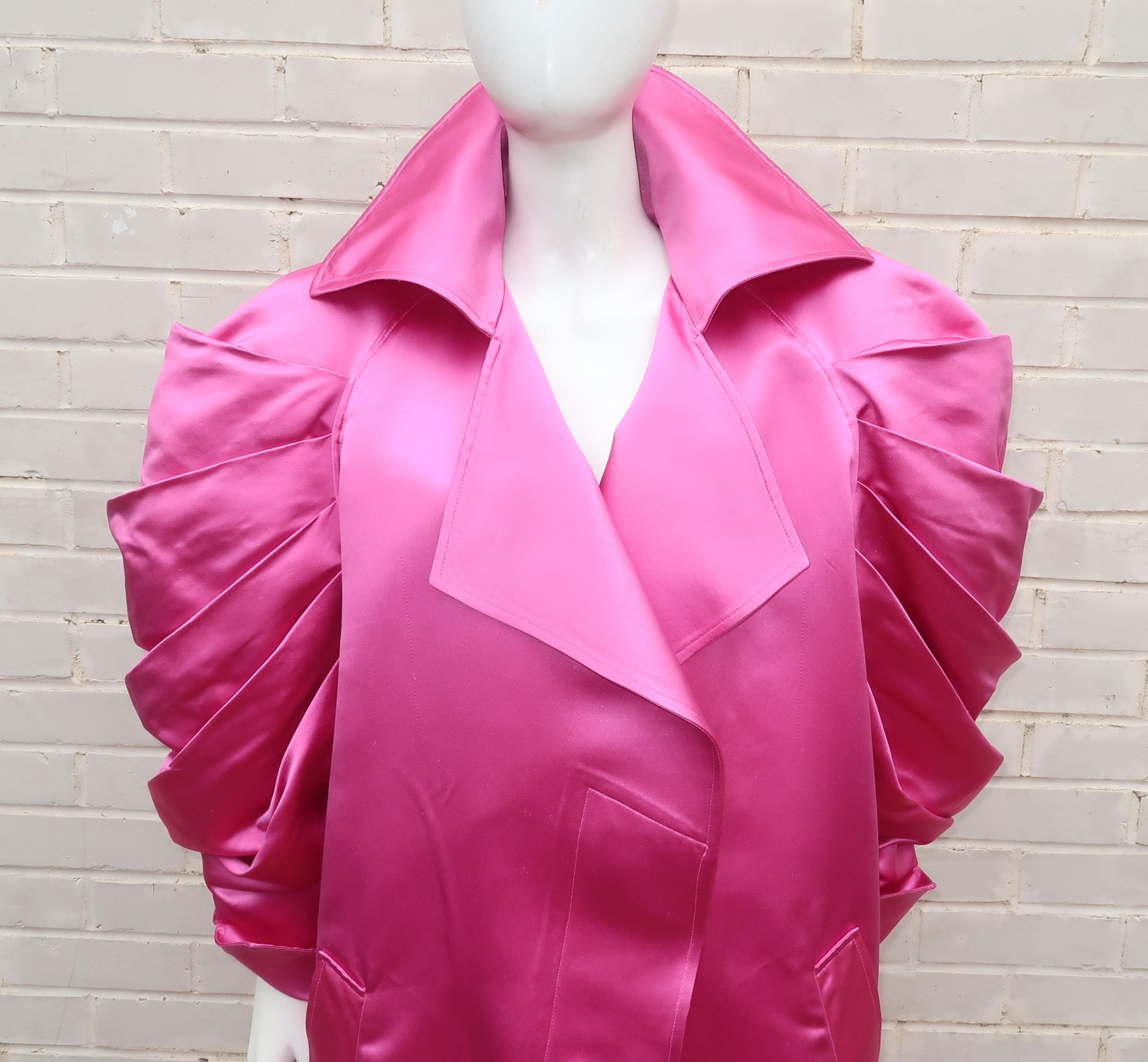 Claude Montana Hot Pink Silk Satin Coat With Ruched Sleeves, 1980's 4