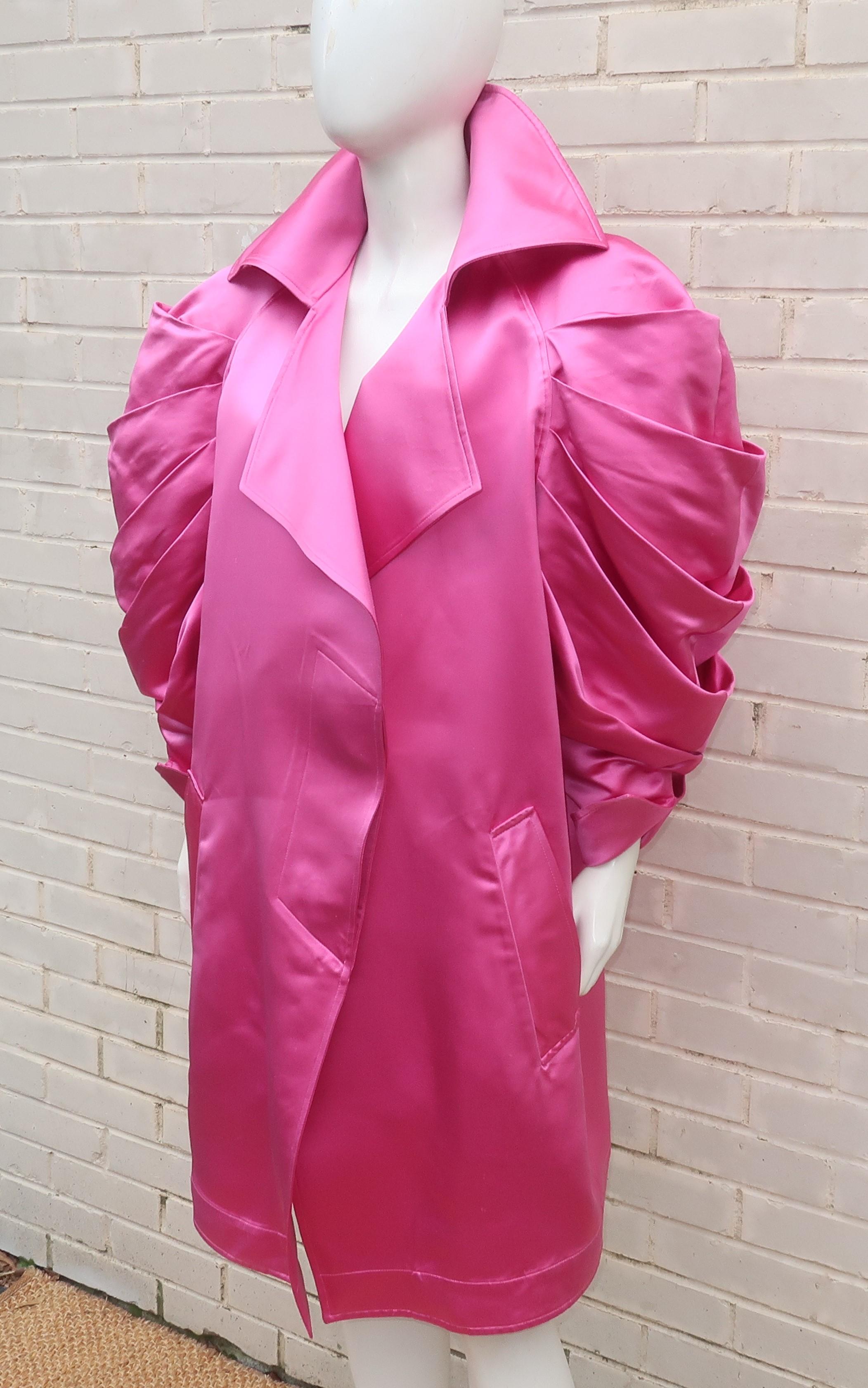 Claude Montana Hot Pink Silk Satin Coat With Ruched Sleeves, 1980's 5