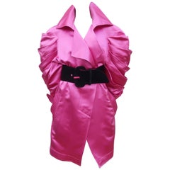 Vintage Claude Montana Hot Pink Silk Satin Coat With Ruched Sleeves, 1980's