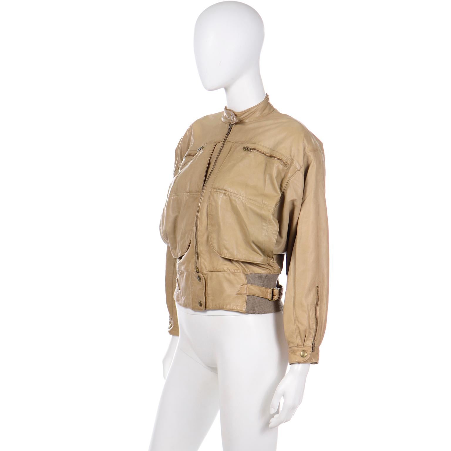 Beige Claude Montana Ideal Cuir S/S 1983 Vintage Leather Bomber Jacket w Applique For Sale