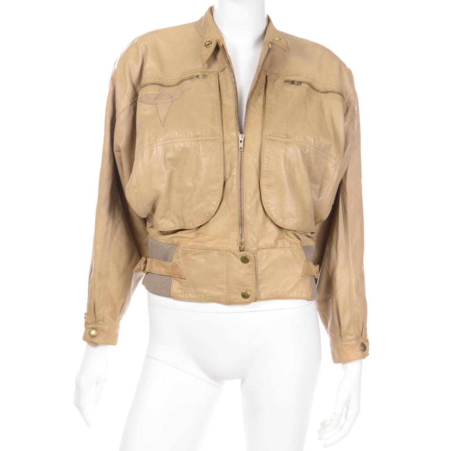 Claude Montana Ideal Cuir S/S 1983 Vintage Leather Bomber Jacket w Applique In Good Condition For Sale In Portland, OR