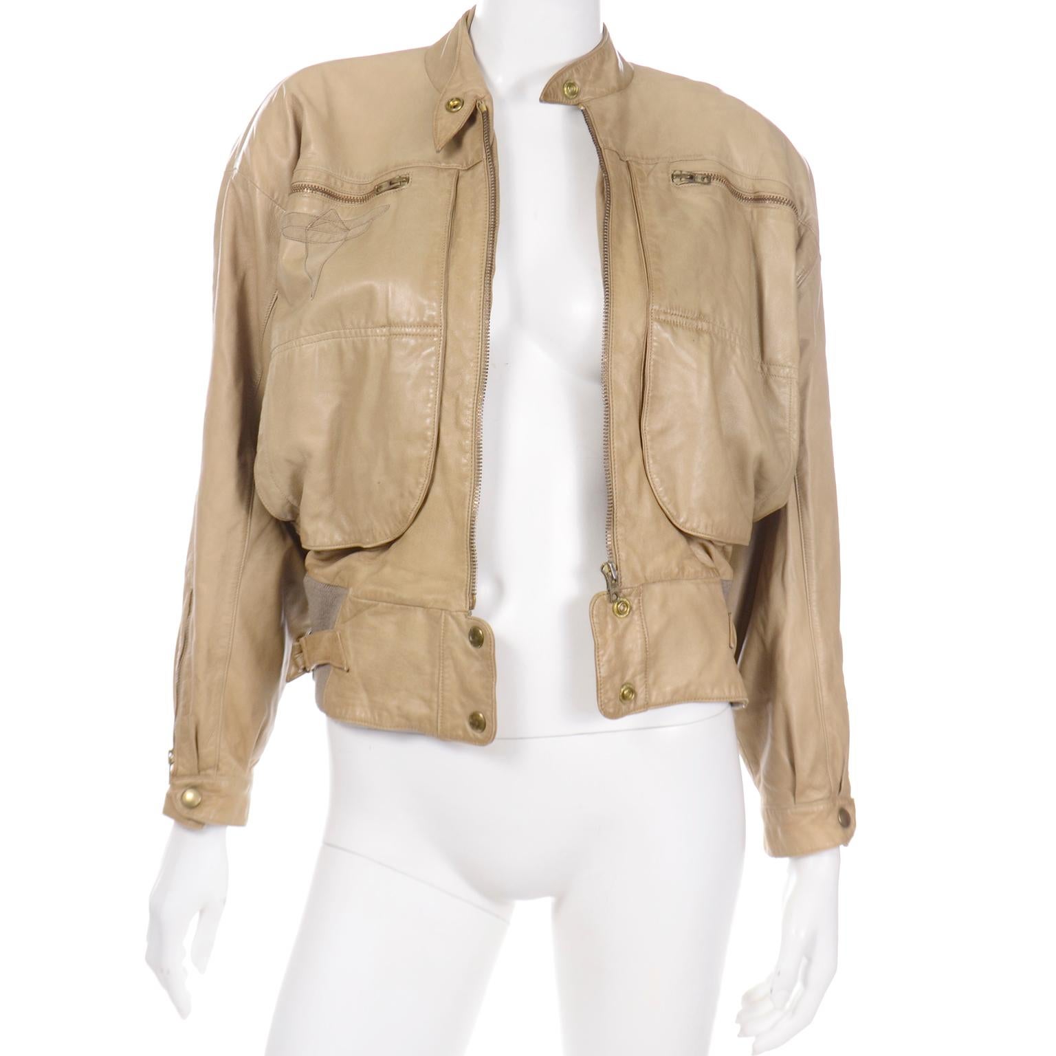 Women's or Men's Claude Montana Ideal Cuir S/S 1983 Vintage Leather Bomber Jacket w Applique For Sale