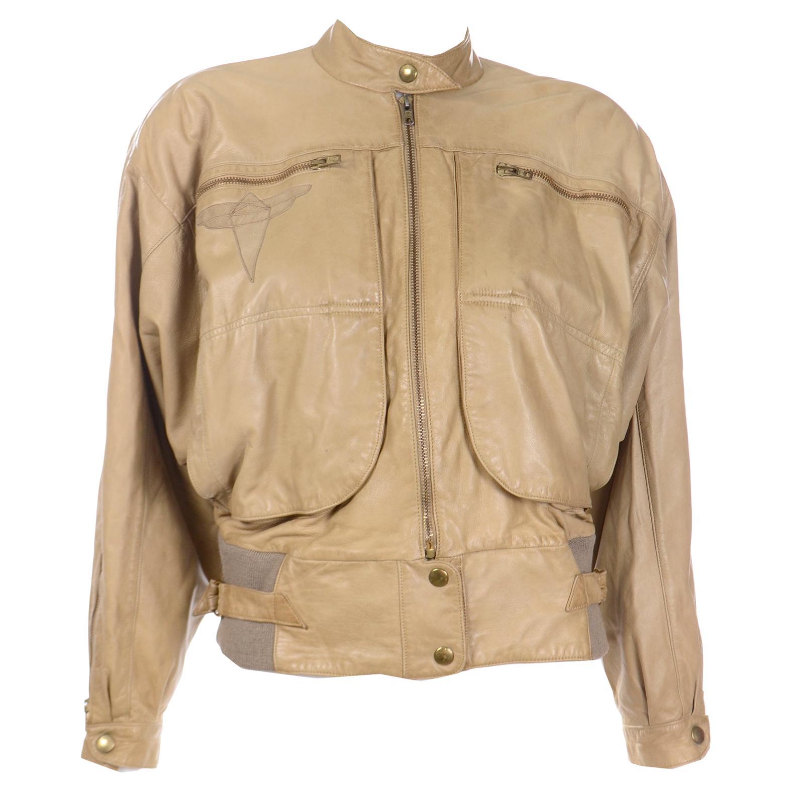 Claude Montana Ideal Cuir 1980s Vintage Leather Bomber Jacket w Applique Designs