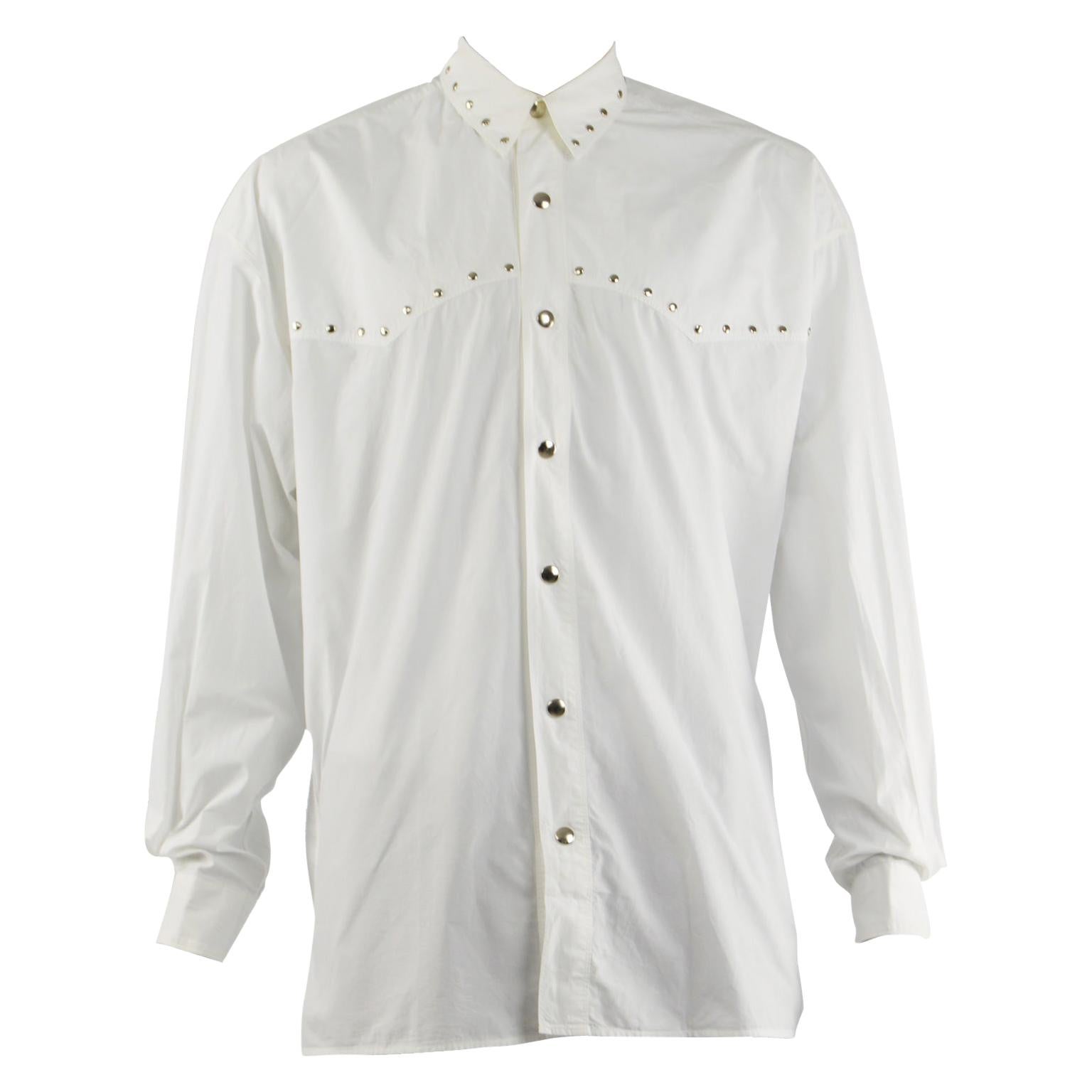 Claude Montana Men's Vintage White Cotton Studded Party Shirt, 1980s