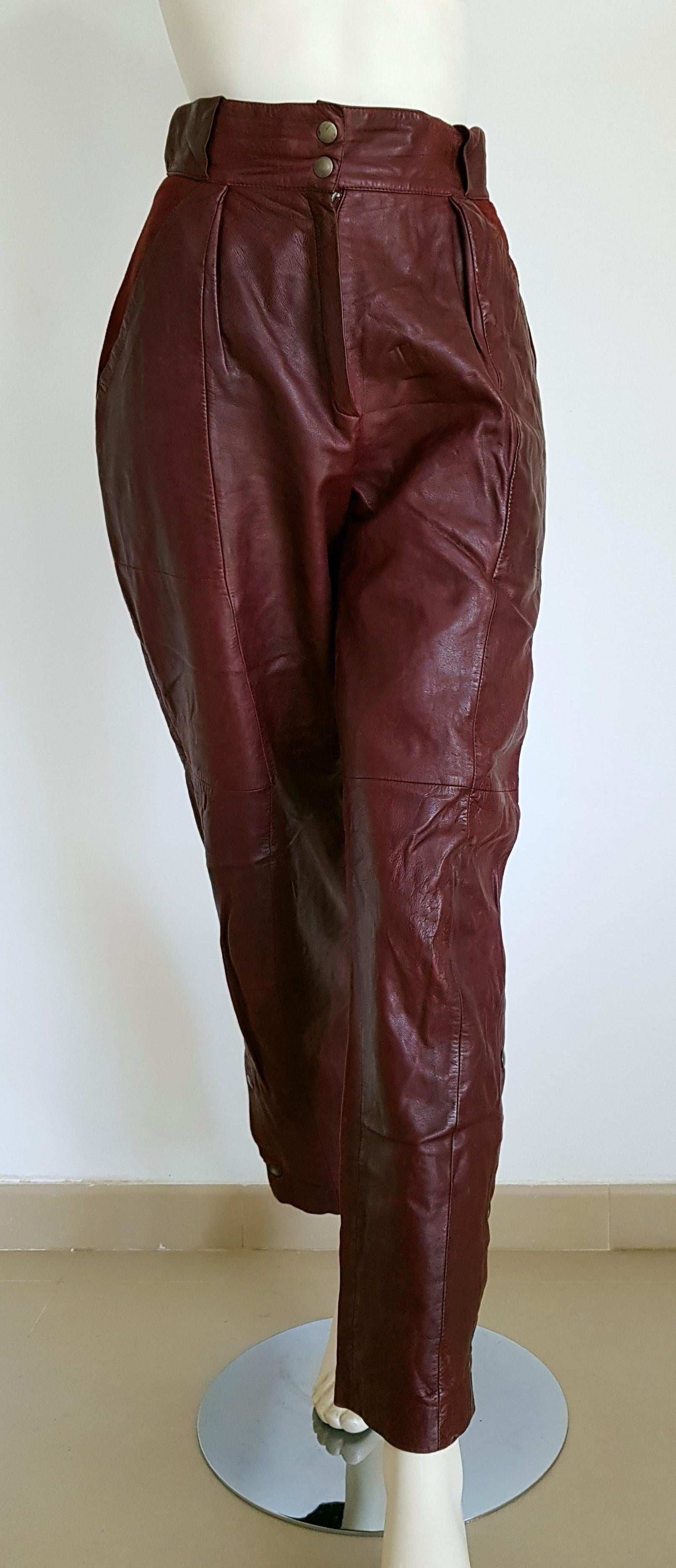 Claude MONTANA burgundy lamb leather pants - Unworn, Good condition

SIZE: equivalent to about Small / Medium, please review approx measurements as follows in cm. 
PANTS: lenght 101, inseam length 72, waist circumference 74, hip circumference 97,