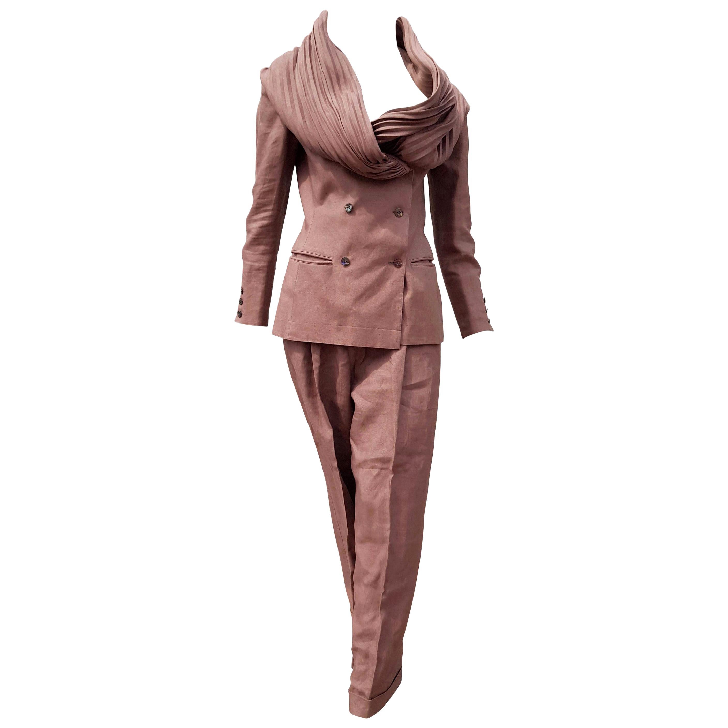 Claude MONTANA "New" Couture Brown Burgundy Pleated Collar Linen Suit - Unworn For Sale