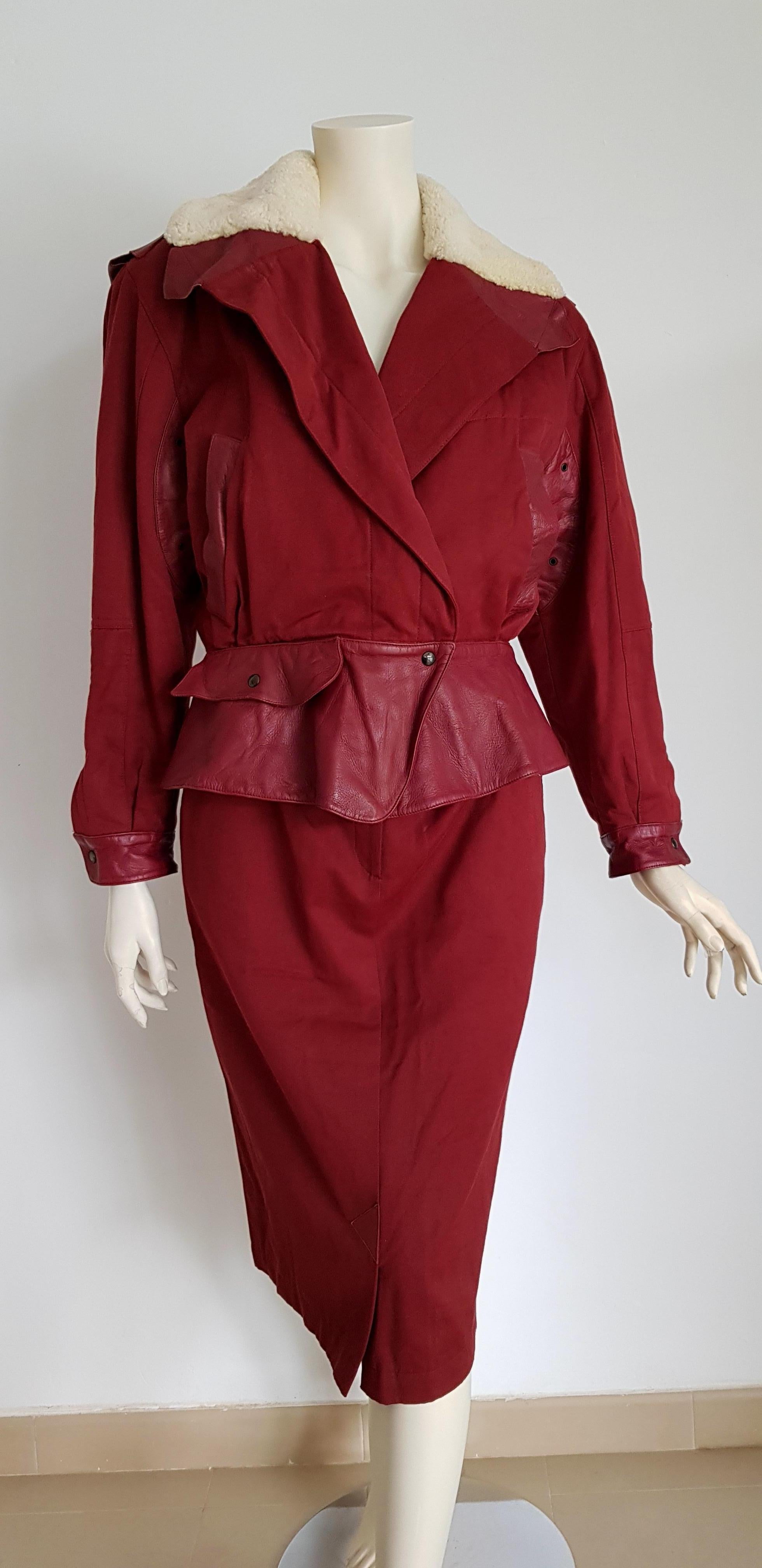 Claude MONTANA leather and cotton jacket and skirt burgundy suit - Unworn, New.
..
SIZE: equivalent to about Small / Medium, please review approx measurements as follows in cm. 
JACKET: lenght 65, chest underarm to underarm 60, bust circumference