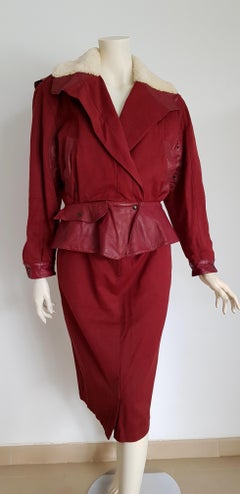 Claude MONTANA "New" Leather and Cotton Jacket and Skirt Burgundy Suit - Unworn