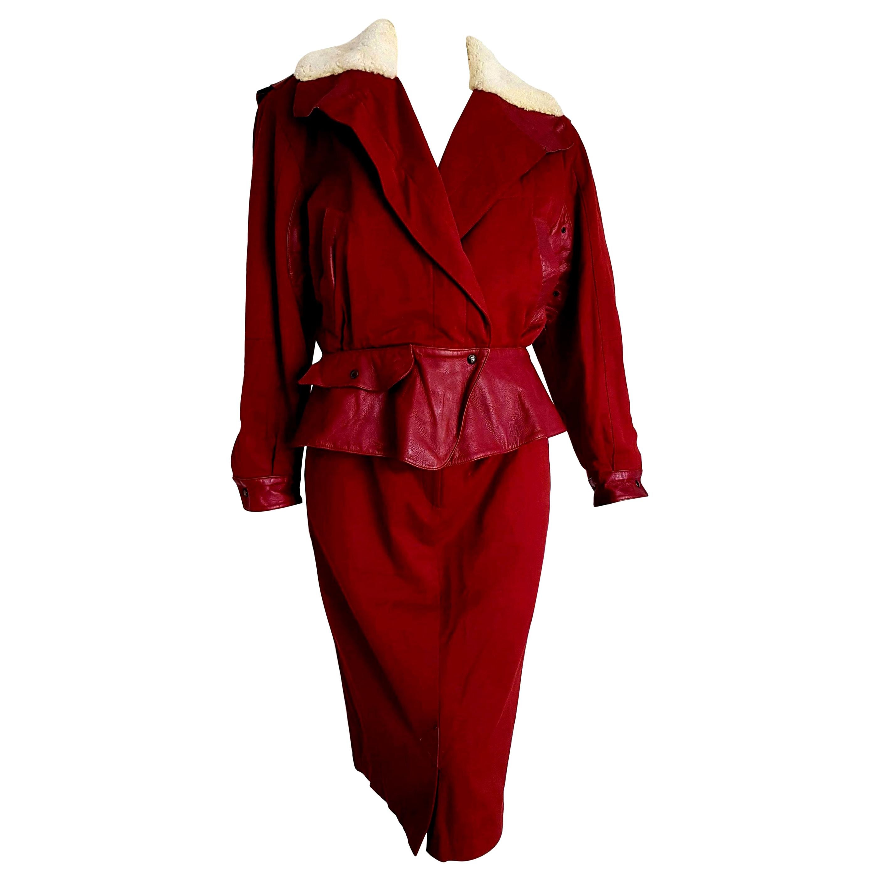 Claude MONTANA "New" Leather and Cotton Jacket and Skirt Burgundy Suit - Unworn For Sale