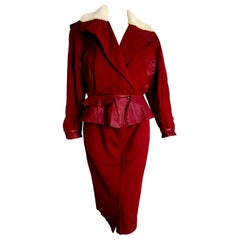 Claude MONTANA "New" Leather and Cotton Jacket and Skirt Burgundy Suit - Unworn