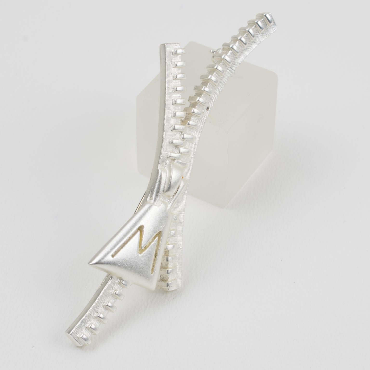 Modernist Claude Montana Paris Silver Plate Zipper Pin Brooch For Sale