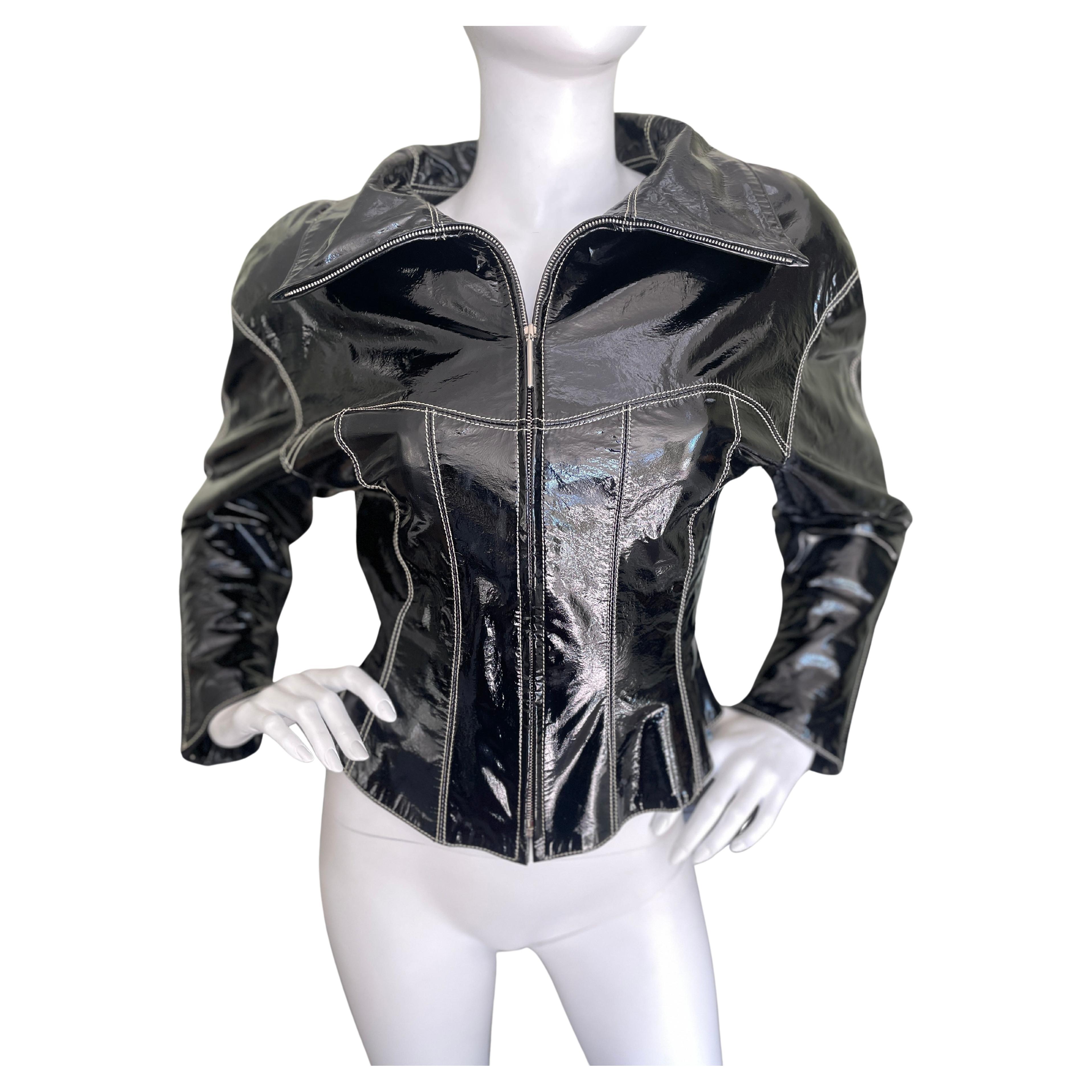 Claude Montana pour Ideal Cuir 1980 Black Patent Leather Biker Jacket. For  Sale at 1stDibs