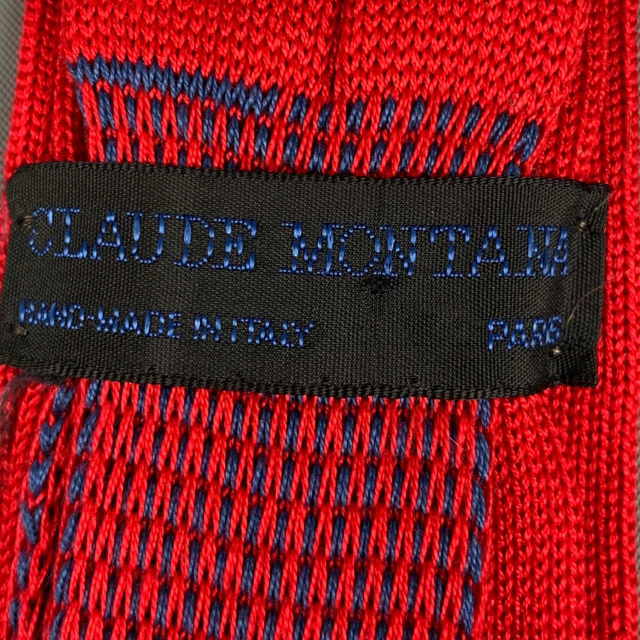 CLAUDE MONTANA Red Blue Stripe Cotton Knit Tie In Excellent Condition For Sale In San Francisco, CA