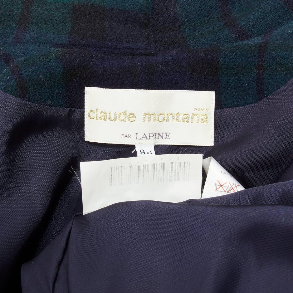 CLAUDE MONTANA  Manteau écossais à col écharpe et épaules fortes IT9A3 S en vente 6