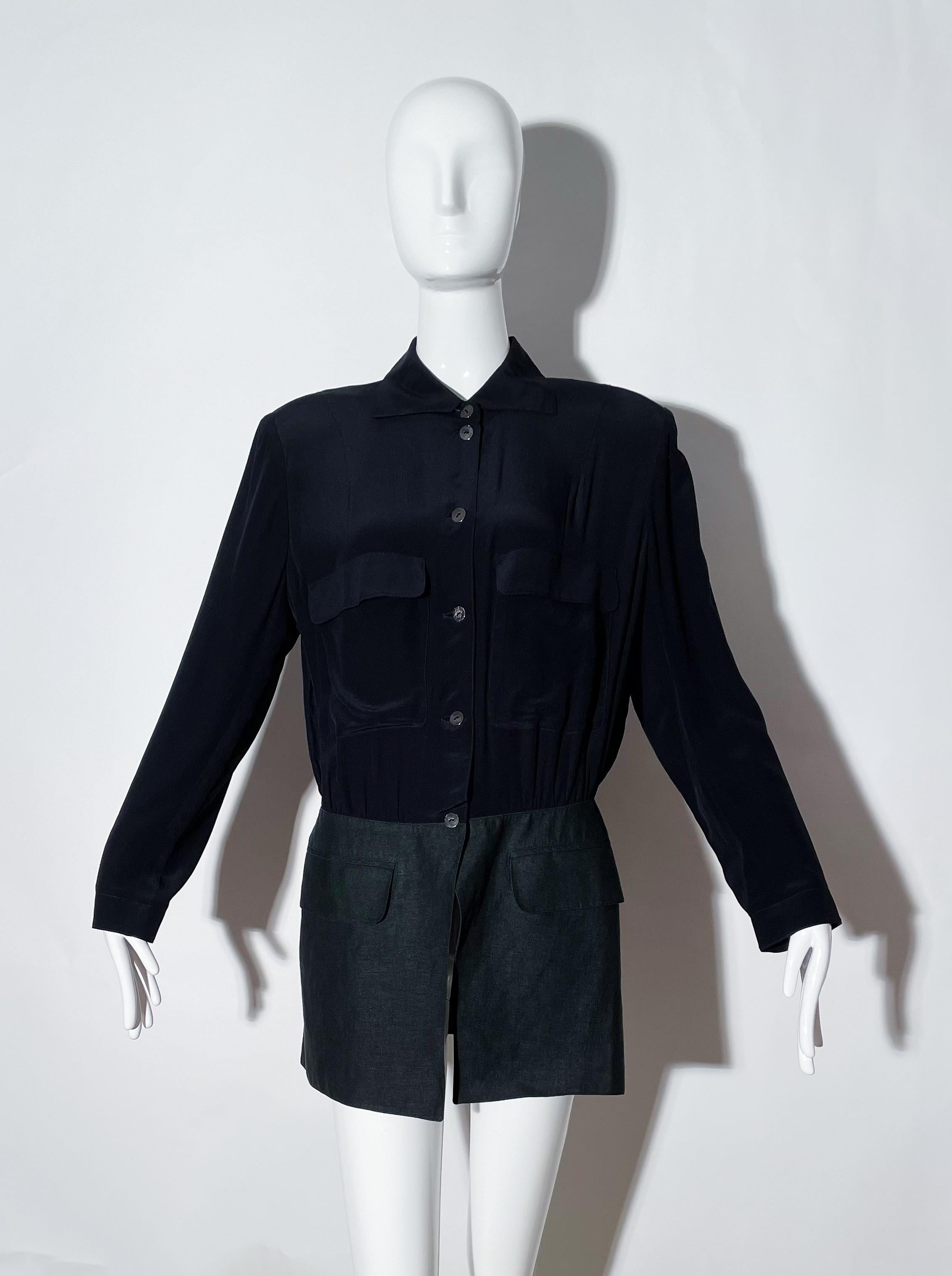 Black blouse. Button down. Front pockets. Collared. Silk and linen. Made in Italy. 
*Condition: Excellent vintage condition. No visible Flaws.

Measurements Taken Laying Flat (inches)—
Shoulder to Shoulder: 17 in.
Sleeve Length: 24 in.
Bust: 40