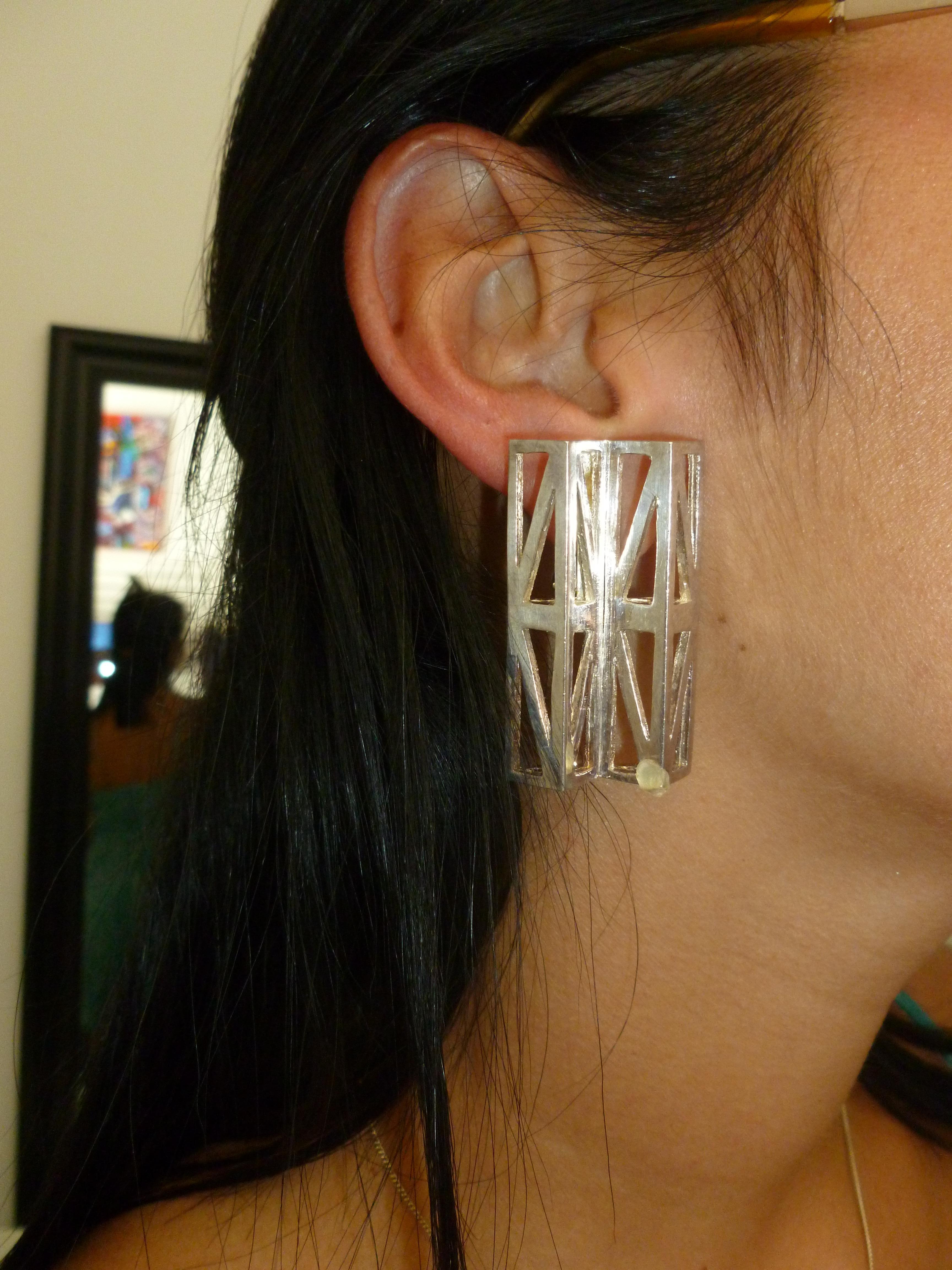 Vintage Claude Montana Silver Plate Geometric Sculptural Runway Clip On Earrings For Sale 4