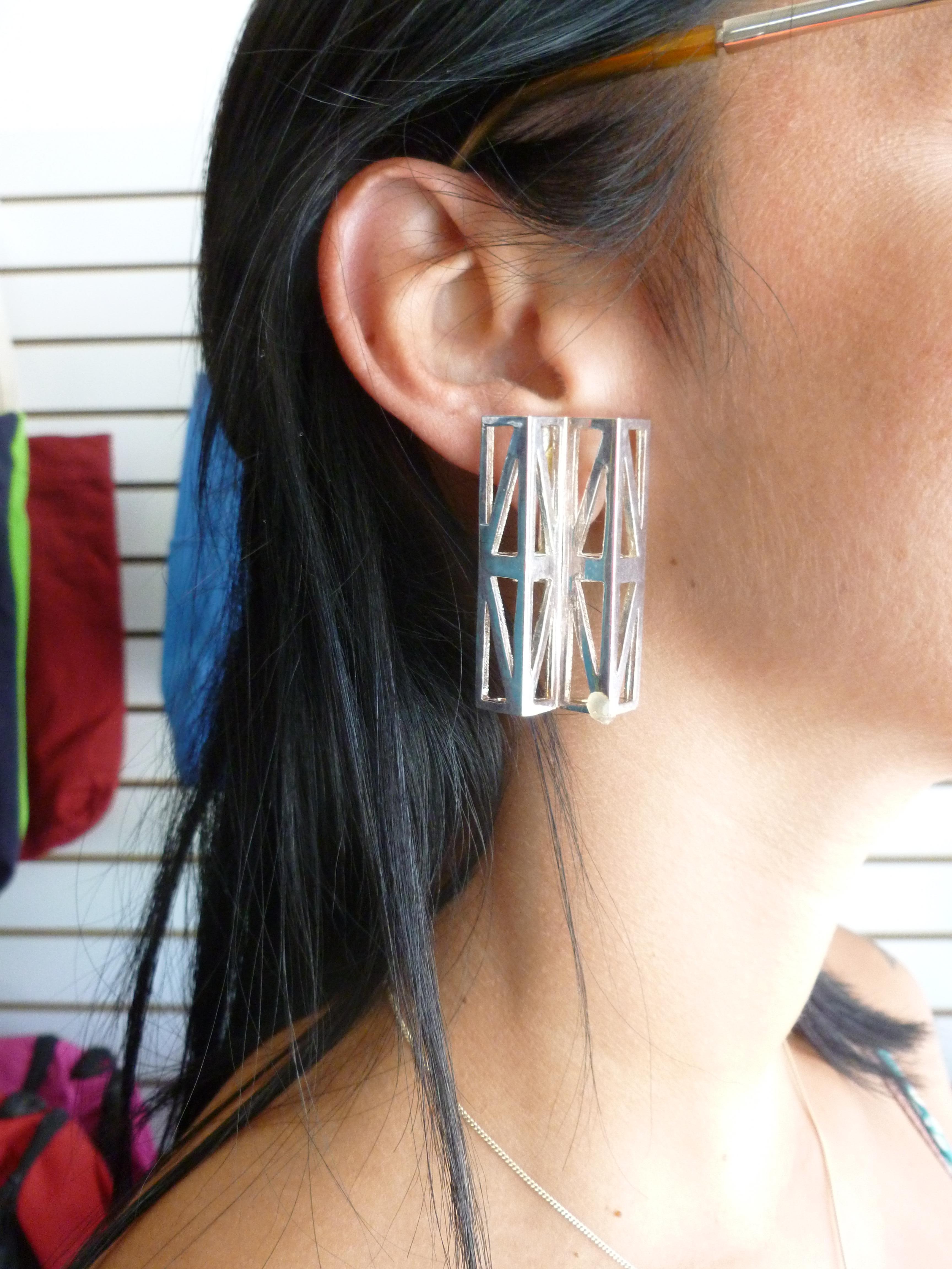 Vintage Claude Montana Silver Plate Geometric Sculptural Runway Clip On Earrings For Sale 2