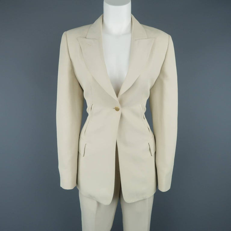 CLAUDE MONTANA Size 8 Beige Peak Lapel Single Button Pant-Suit at ...