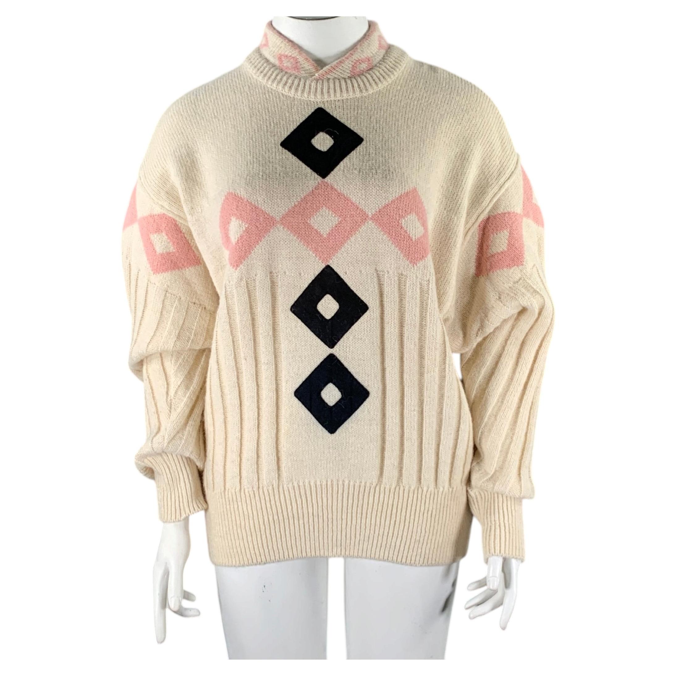 CLAUDE MONTANA Größe S Beige Rosa  Schwarzer Strickpullover aus Alpakamischung mit Rippen im Angebot