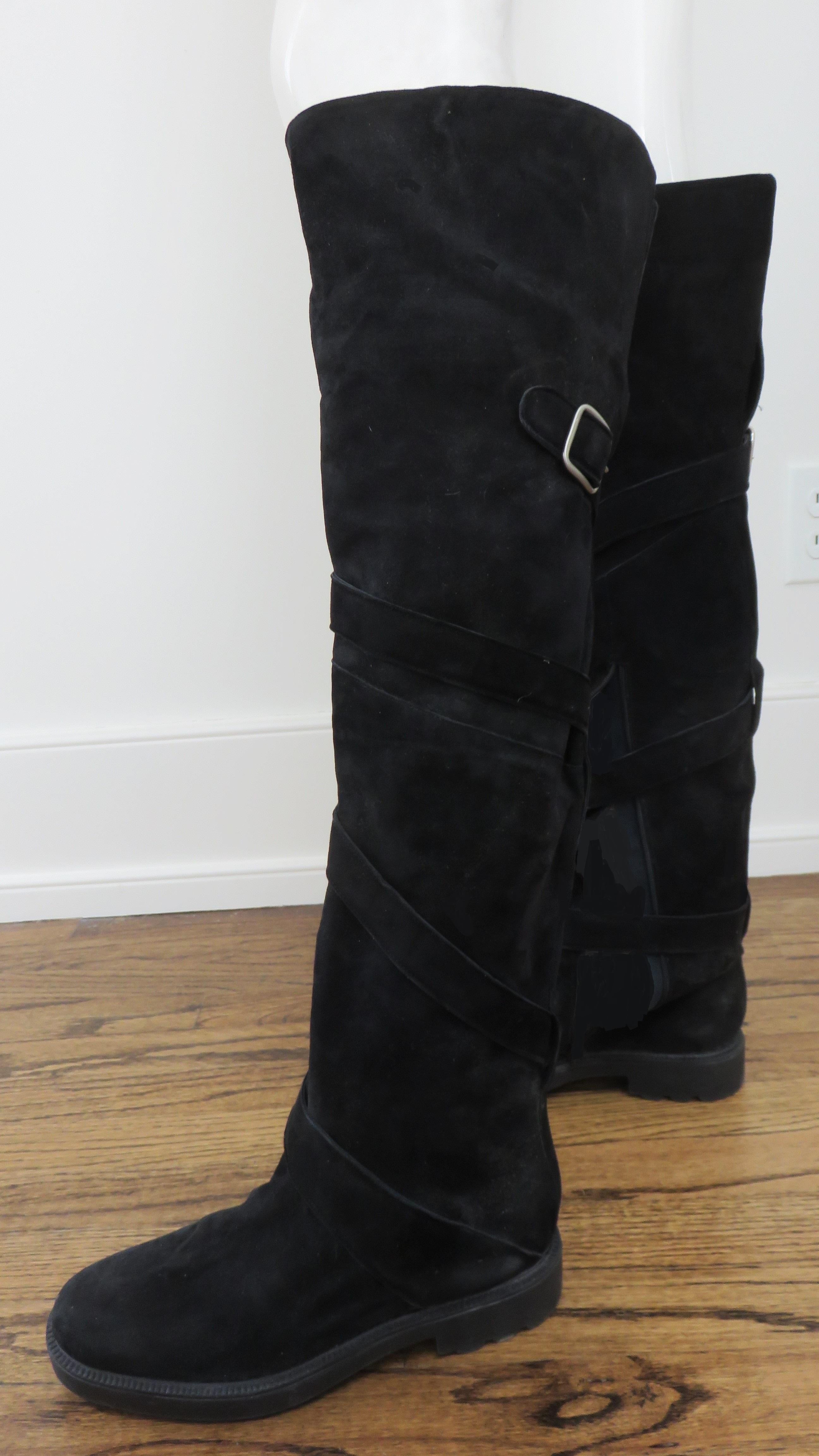 Black Claude Montana Stephane Kelian 1990s New Suede Knee Boots with Straps Size 8.5 For Sale