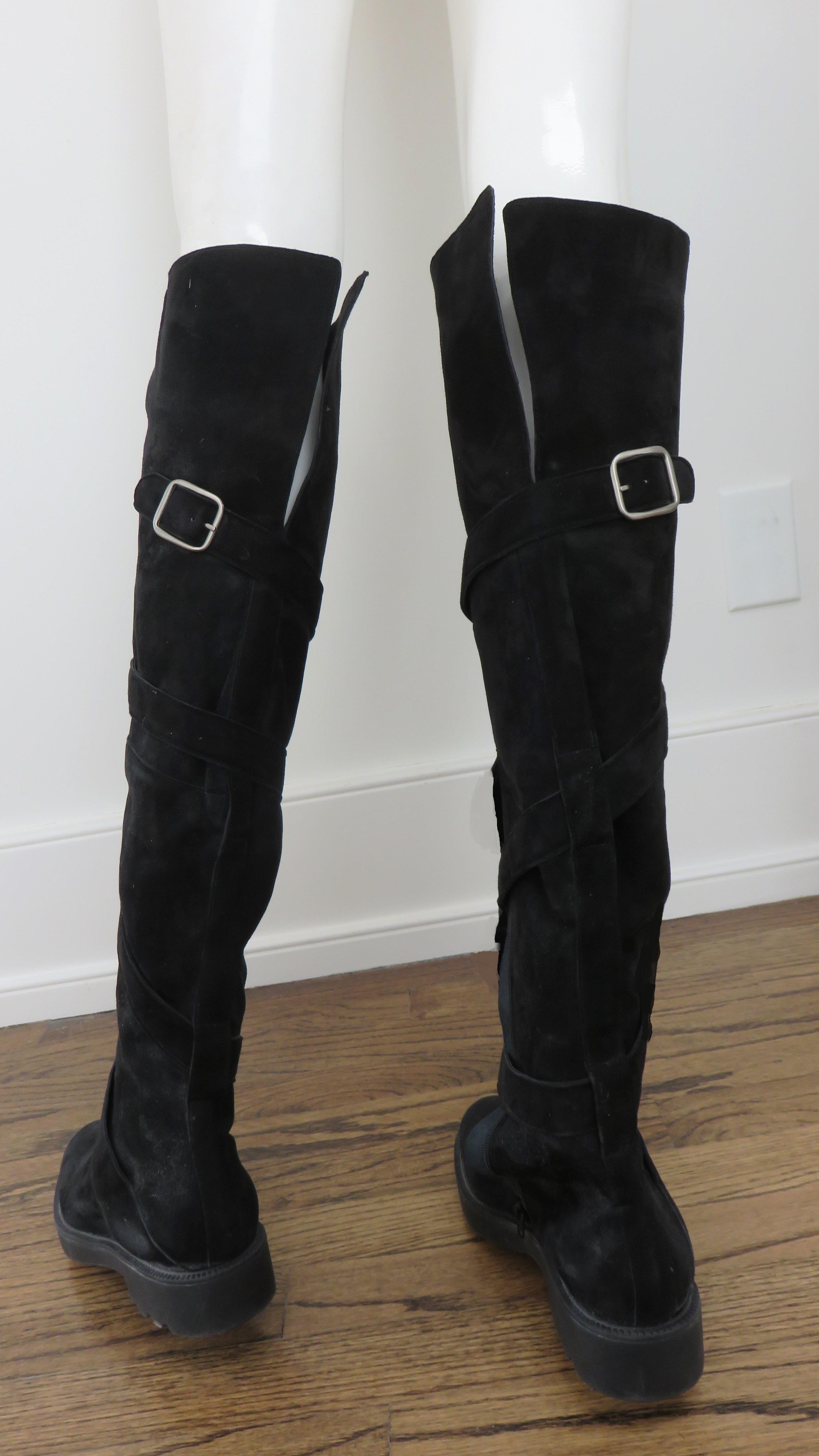 Women's Claude Montana Stephane Kelian 1990s New Suede Knee Boots with Straps Size 8.5 For Sale