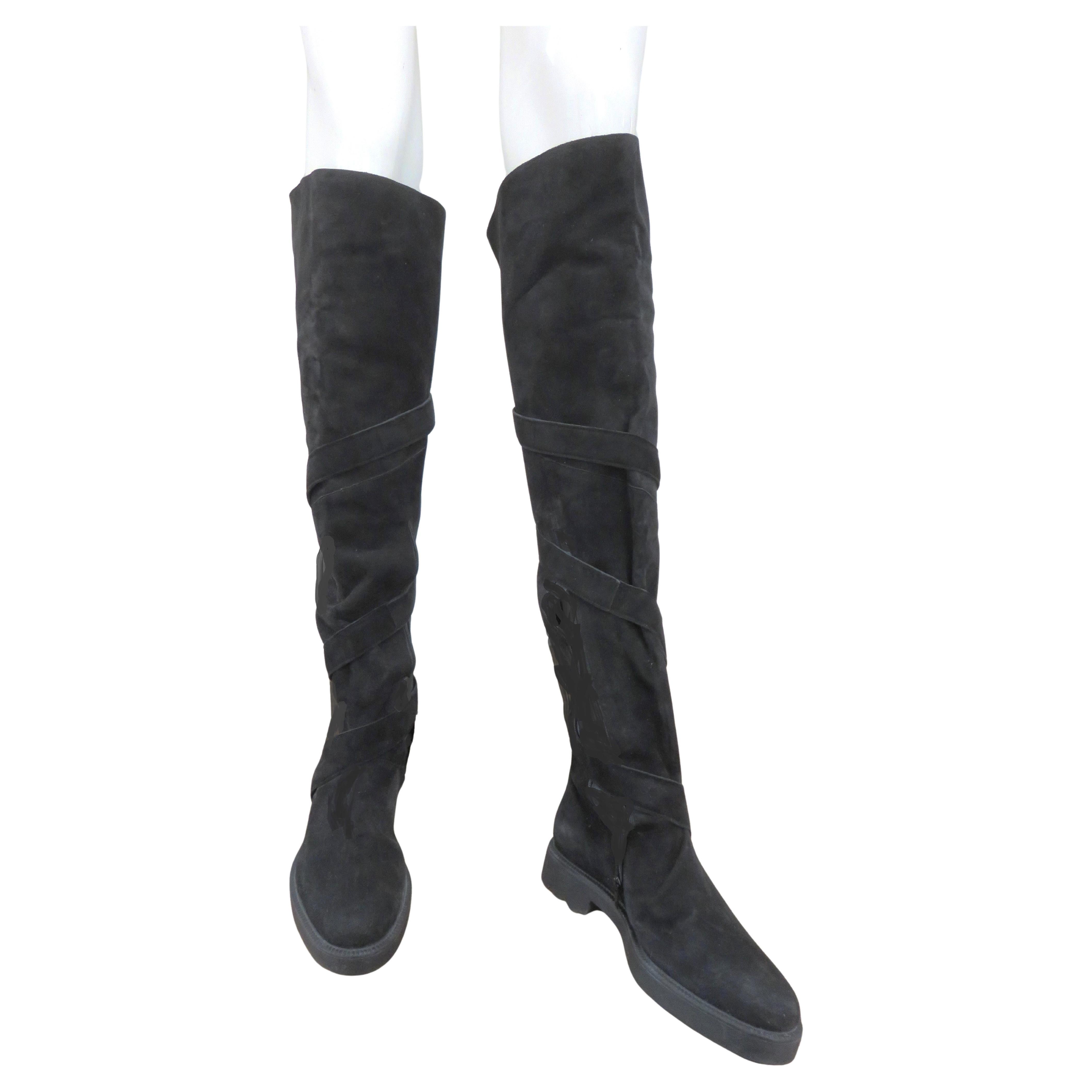 Claude Montana Stephane Kelian 1990s New Suede Knee Boots with Straps Size 8.5 For Sale