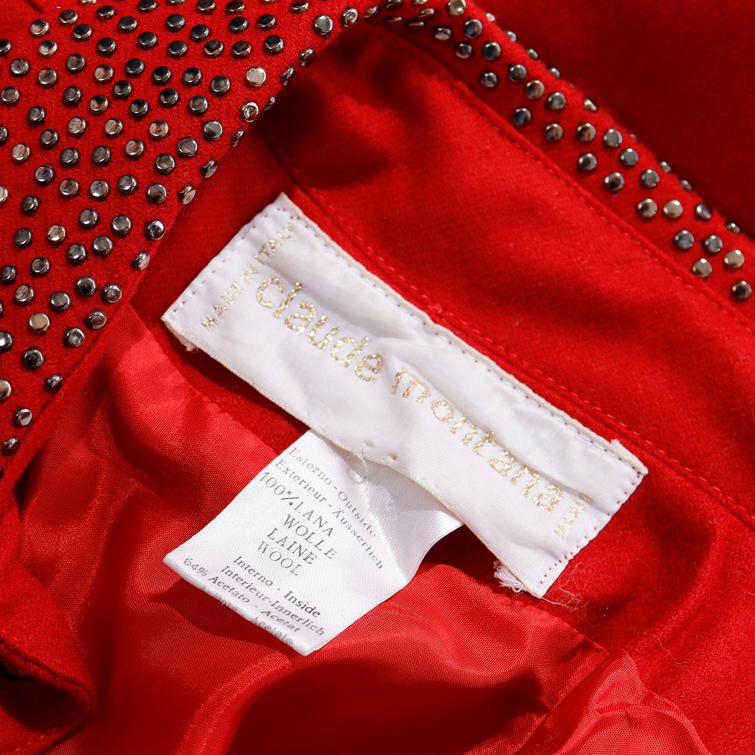 Claude Montana - Robe cloutée en laine rouge vintage des années 1980 en vente 6