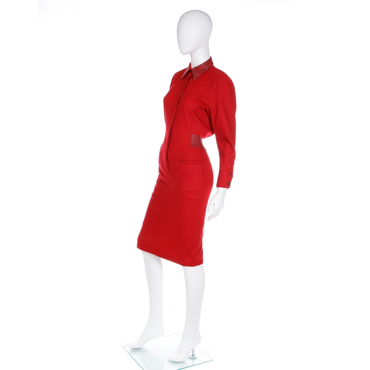 Claude Montana Vintage 1980s Red Wool Studded Dress In Excellent Condition For Sale In Portland, OR