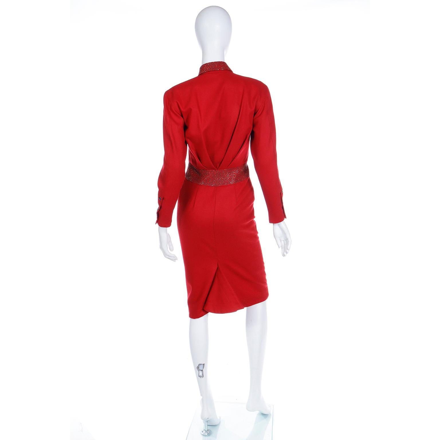 Claude Montana Vintage 1980er Jahre Rotes Wollkleid mit Nieten Damen im Angebot